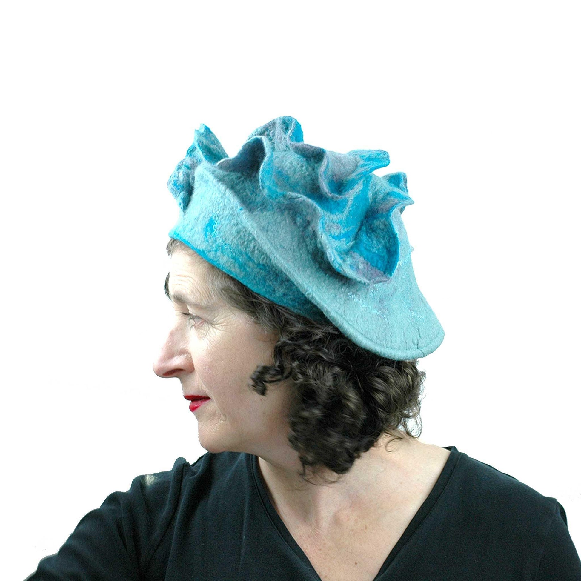 Ruffled Blues Felted Beret -side view