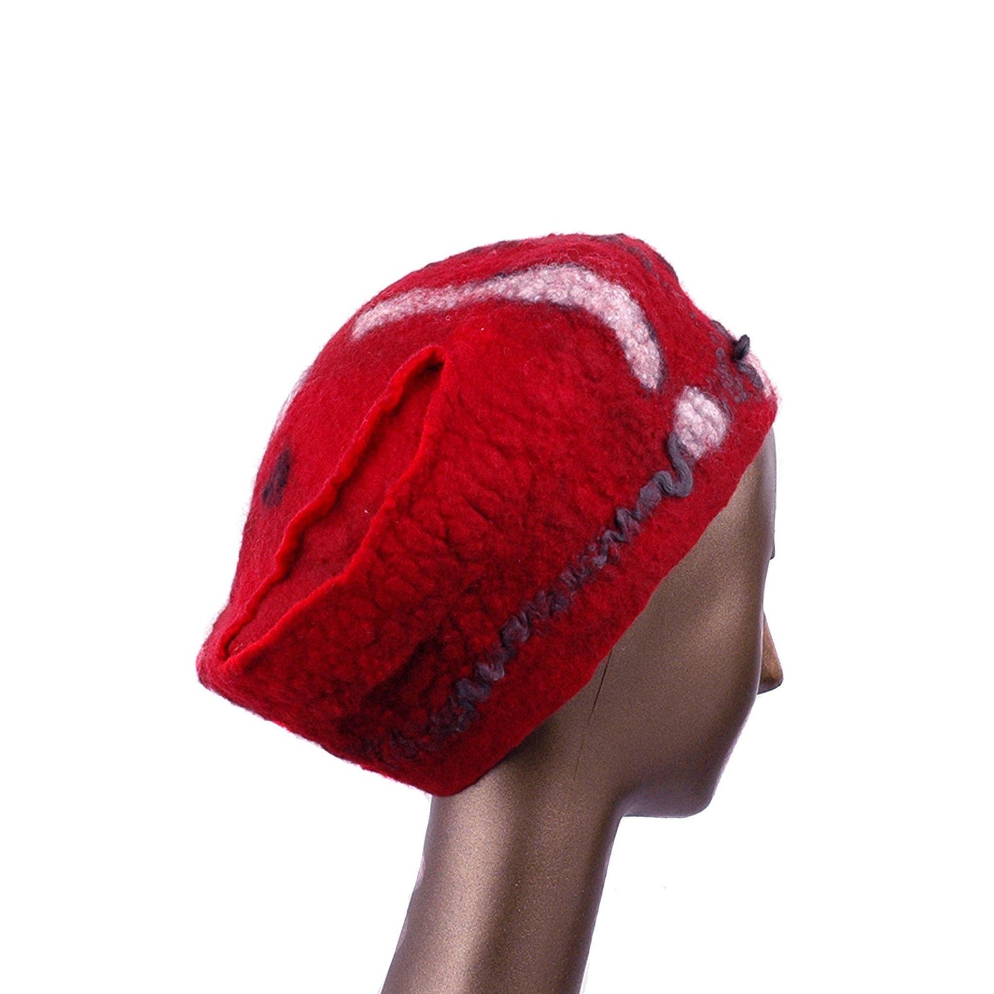 Russian Constructivist Inspired Red and Black Felted Beret - side view