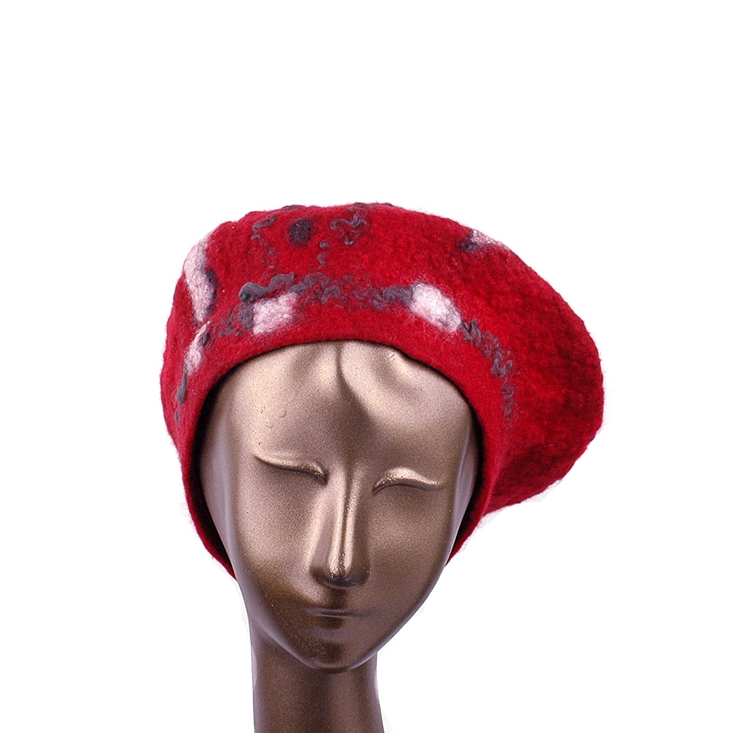 Russian Constructivist Inspired Red and Black Felted Beret - front view
