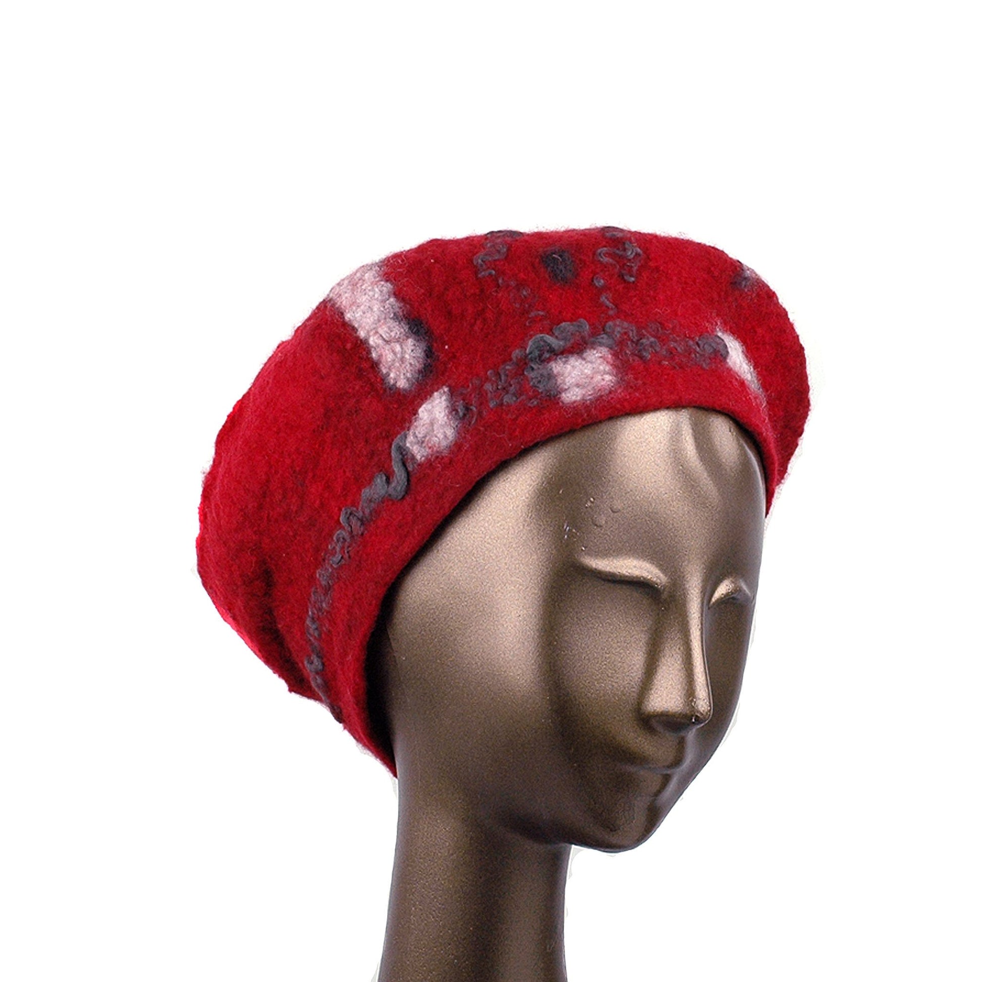 Russian Constructivist Inspired Red and Black Felted Beret - three quarters view