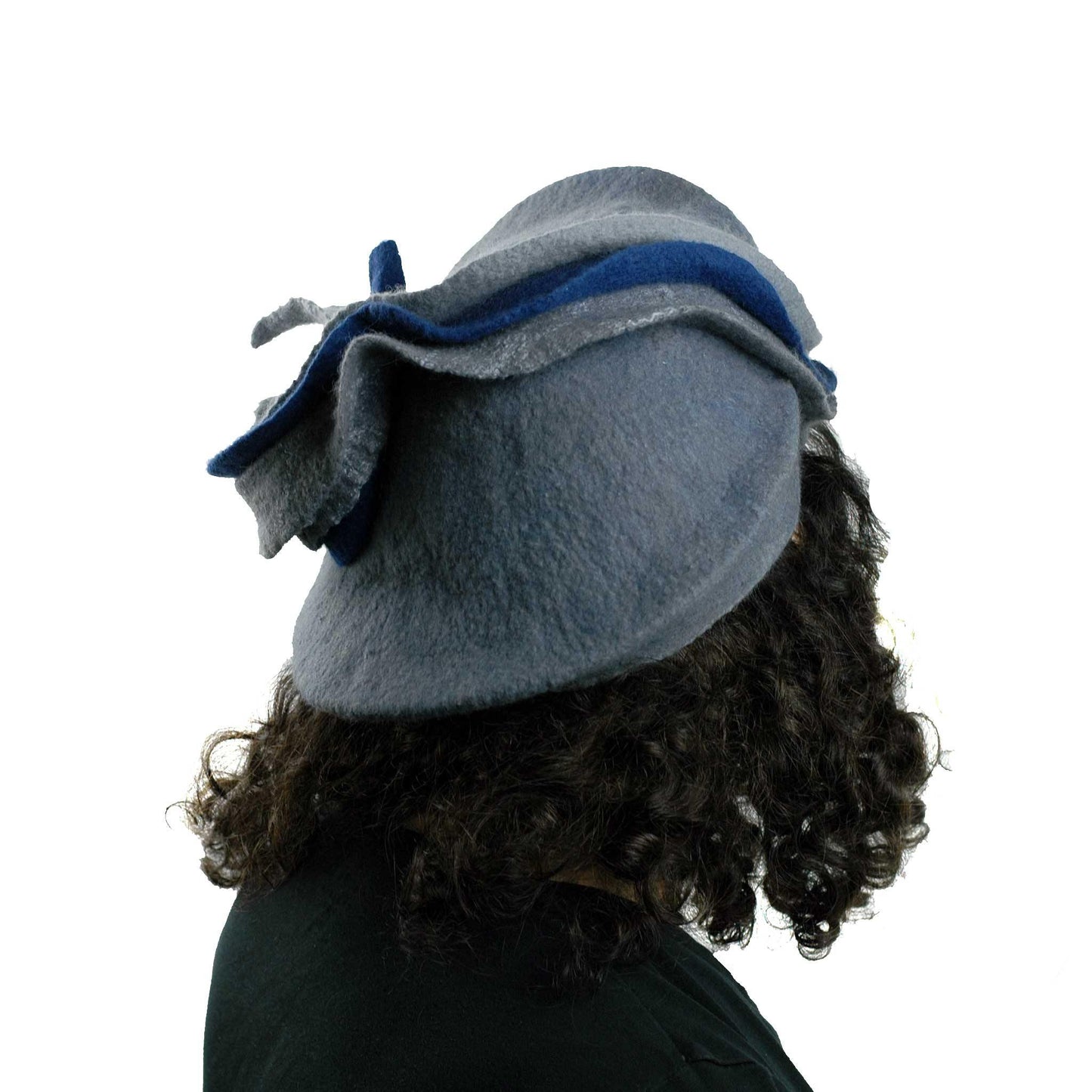 Sculptural Gray Beret with Navy Blue Wave - back view