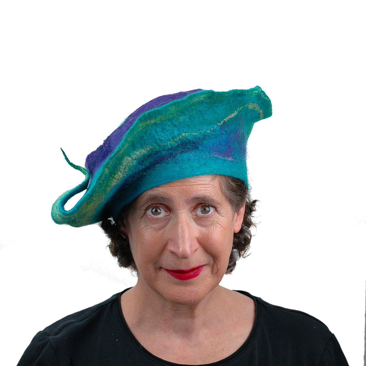 Sculptural Peacock Inspired Felted Hat - front view
