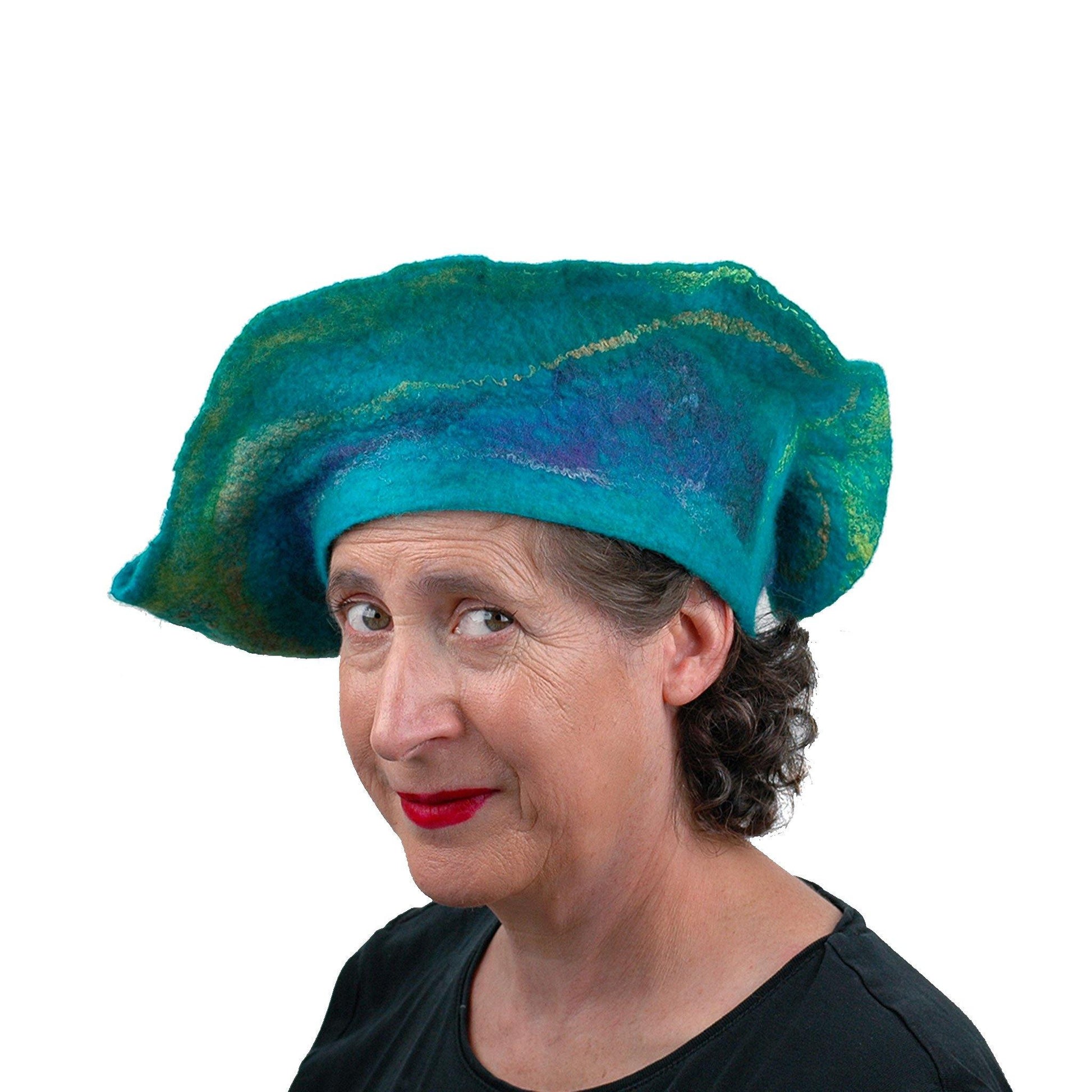 Sculptural Peacock Inspired Felted Hat - three quarters view