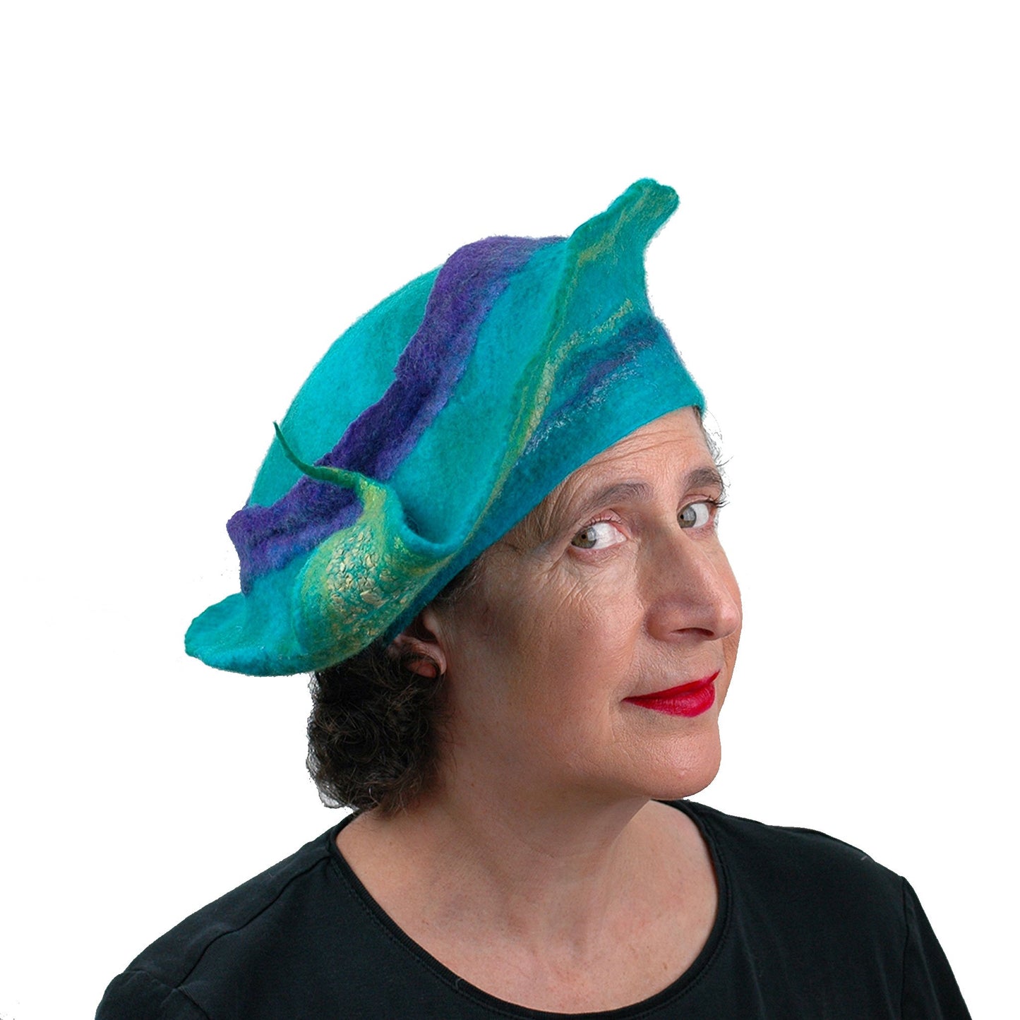 Sculptural Peacock Inspired Felted Hat - three quarters view