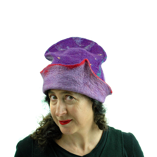 Fun, Sculptural, Purple and Red Felted Hat - three quarters view