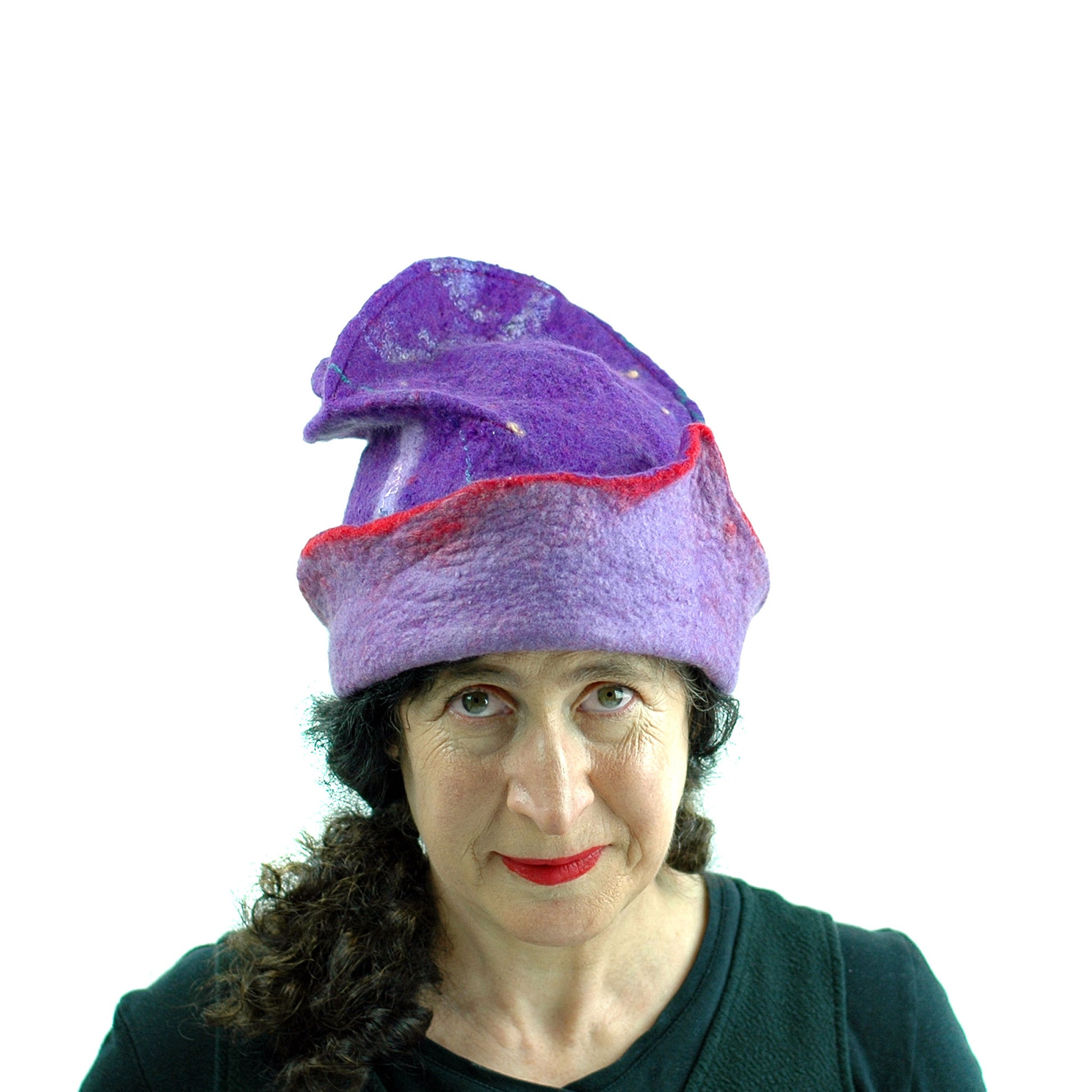 Fun, Sculptural, Purple and Red Felted Hat - front view