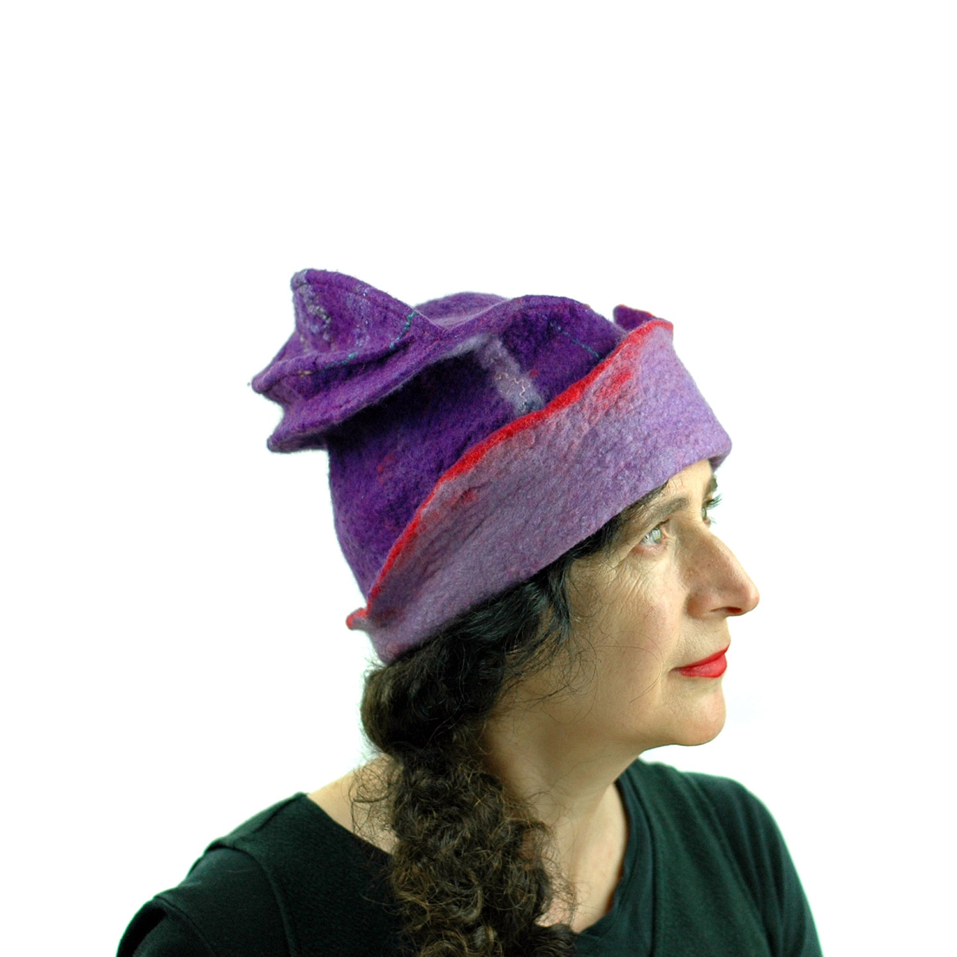 Fun, Sculptural, Purple and Red Felted Hat - side view