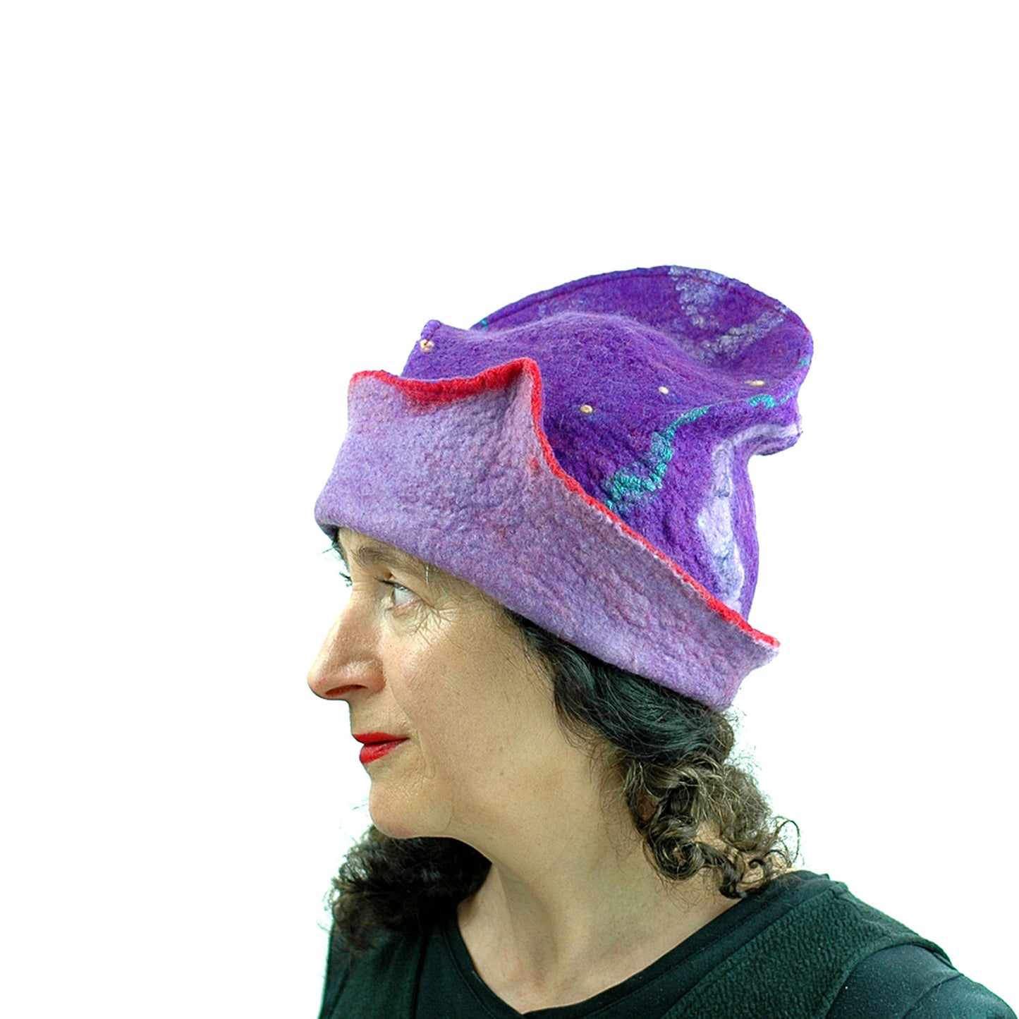 Fun, Sculptural, Purple and Red Felted Hat - side view 