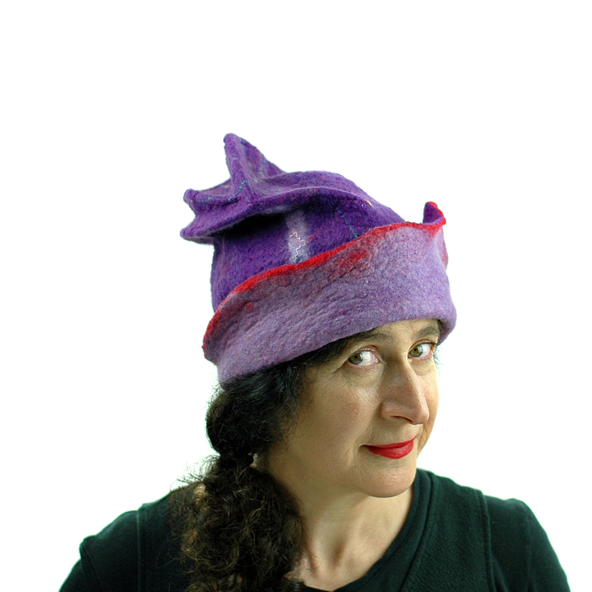 Fun, Sculptural, Purple and Red Felted Hat - three quarters view 3