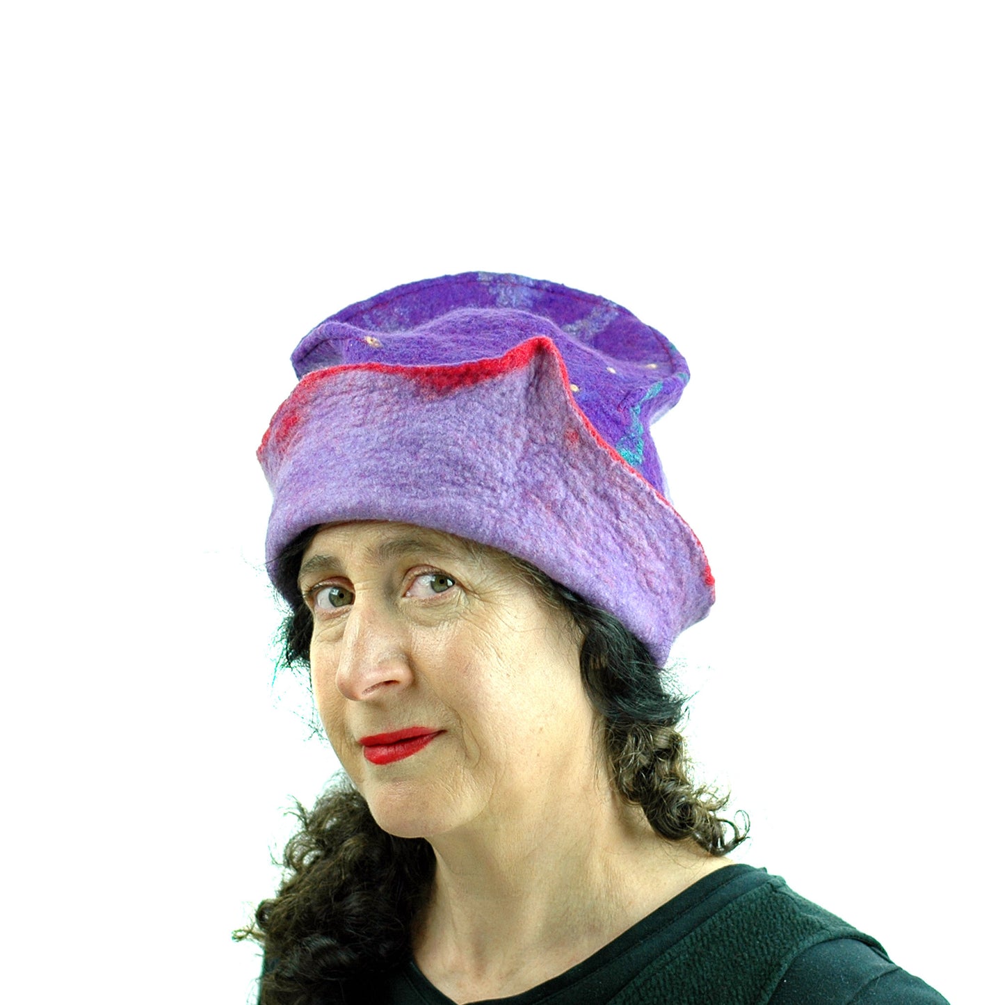 Fun, Sculptural, Purple and Red Felted Hat - three quarters view 2