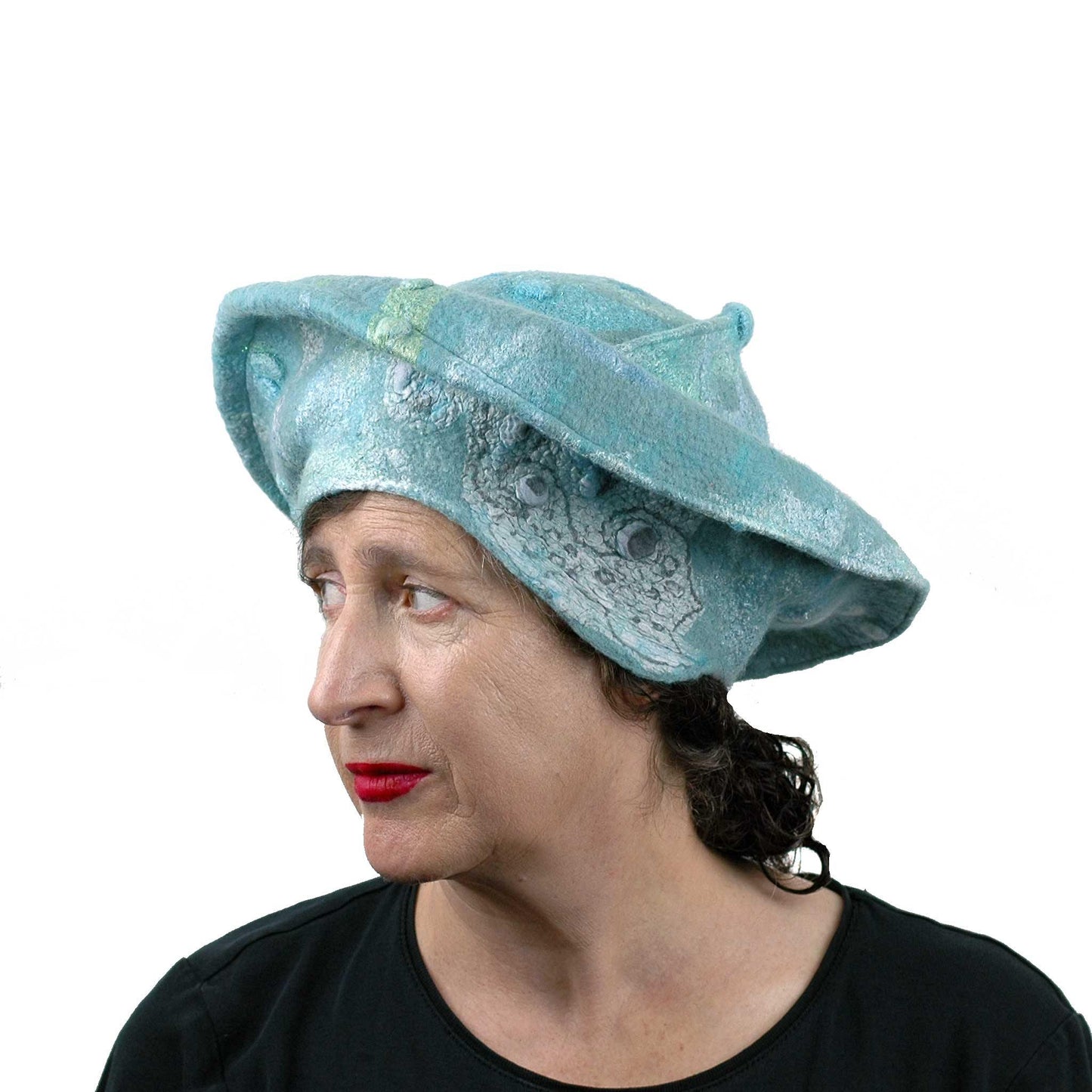 Seafoam Green Medieval Style Felted Hat that Covers Ears - three quarters view