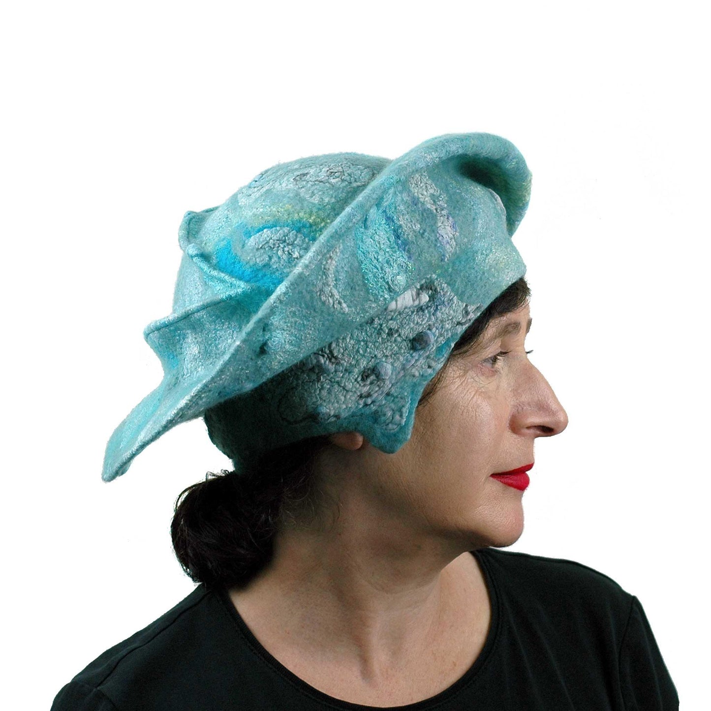 Seafoam Green Medieval Style Felted Hat that Covers Ears - side view