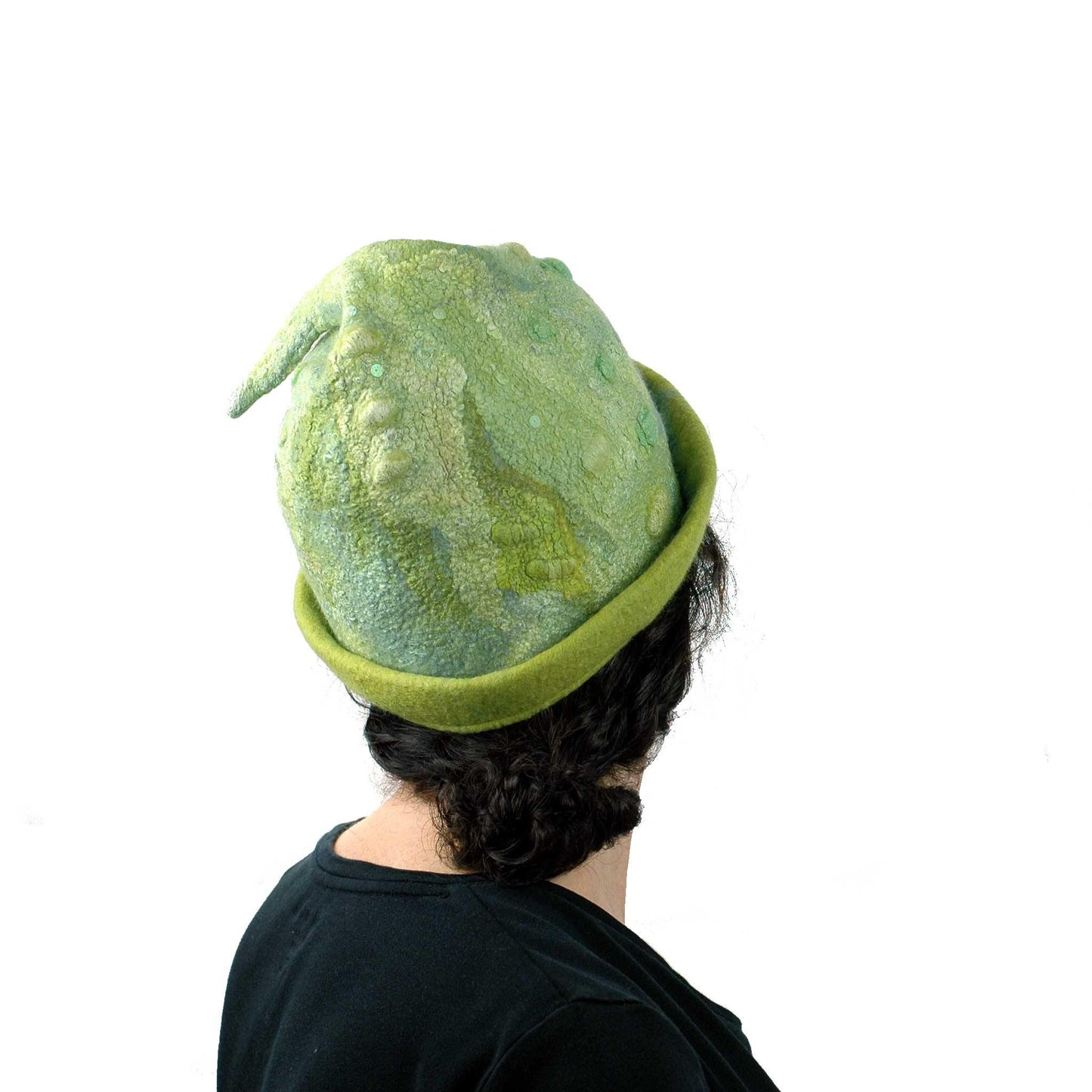 Shades of Green Beanie Hat with Playful Fish Tail - Medium Size - back view