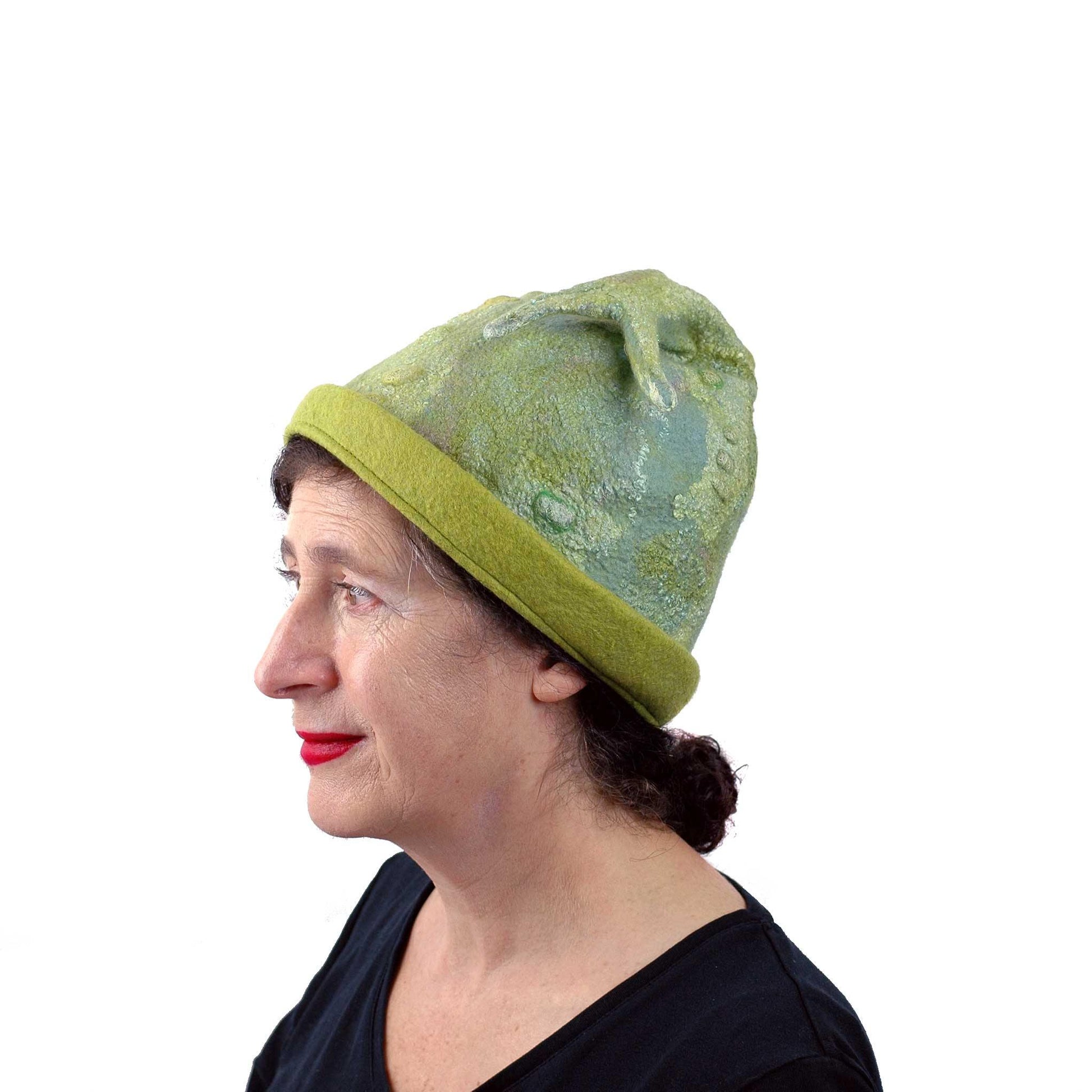 Shades of Green Beanie Hat with Playful Fish Tail - Medium Size - side view