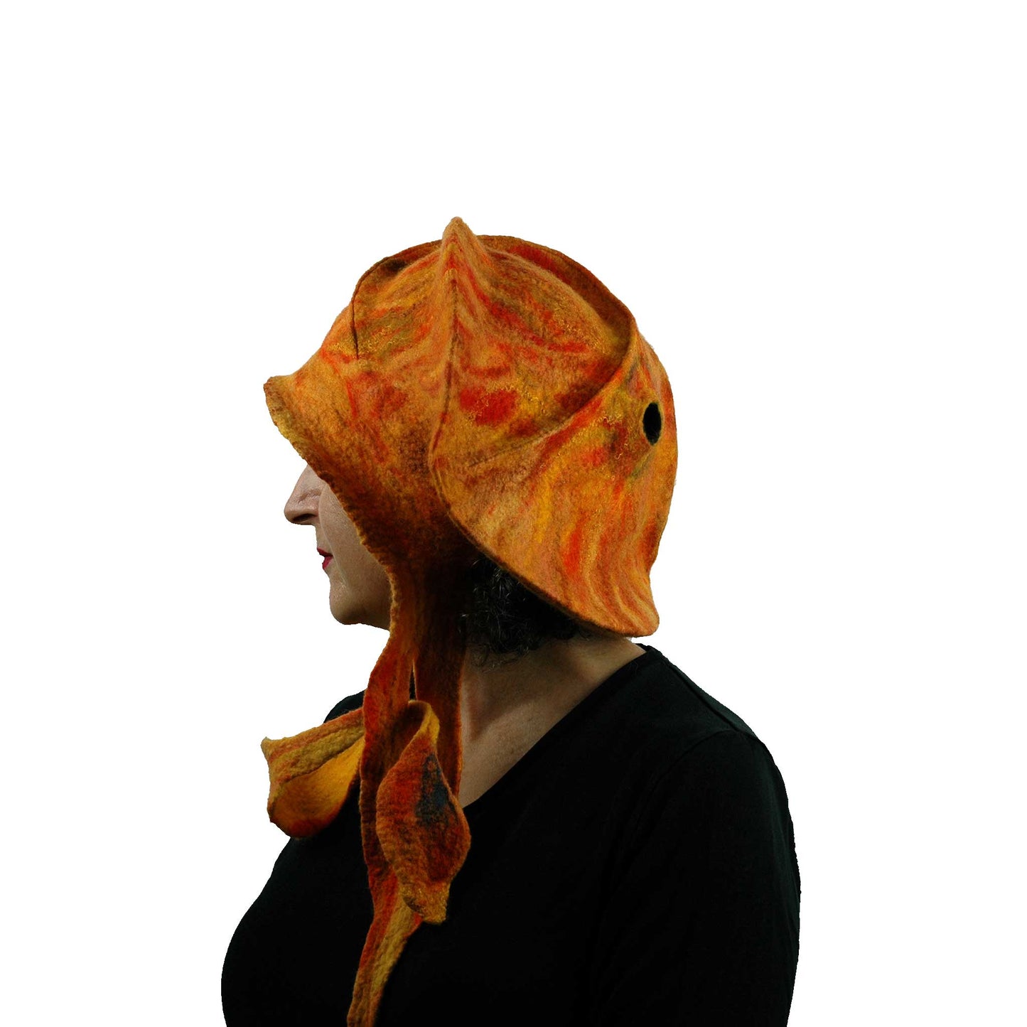Shades of Orange Sculptural Hat with Ties - side view