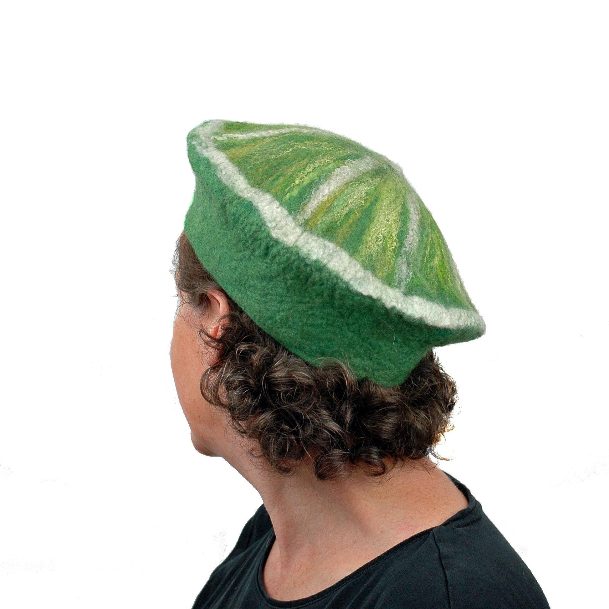 Slice of Lime Felted Beret Hat - back view