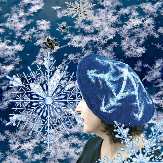 Snowflake Beret with collage of snowflakes.