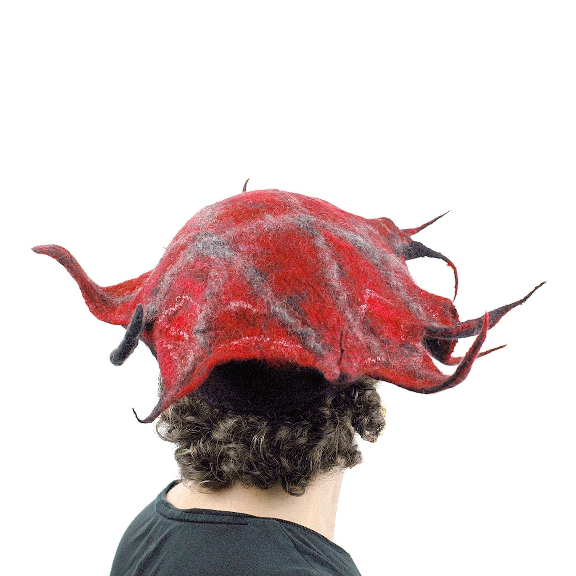 Spiky Red and Black Leaf Hat - back view