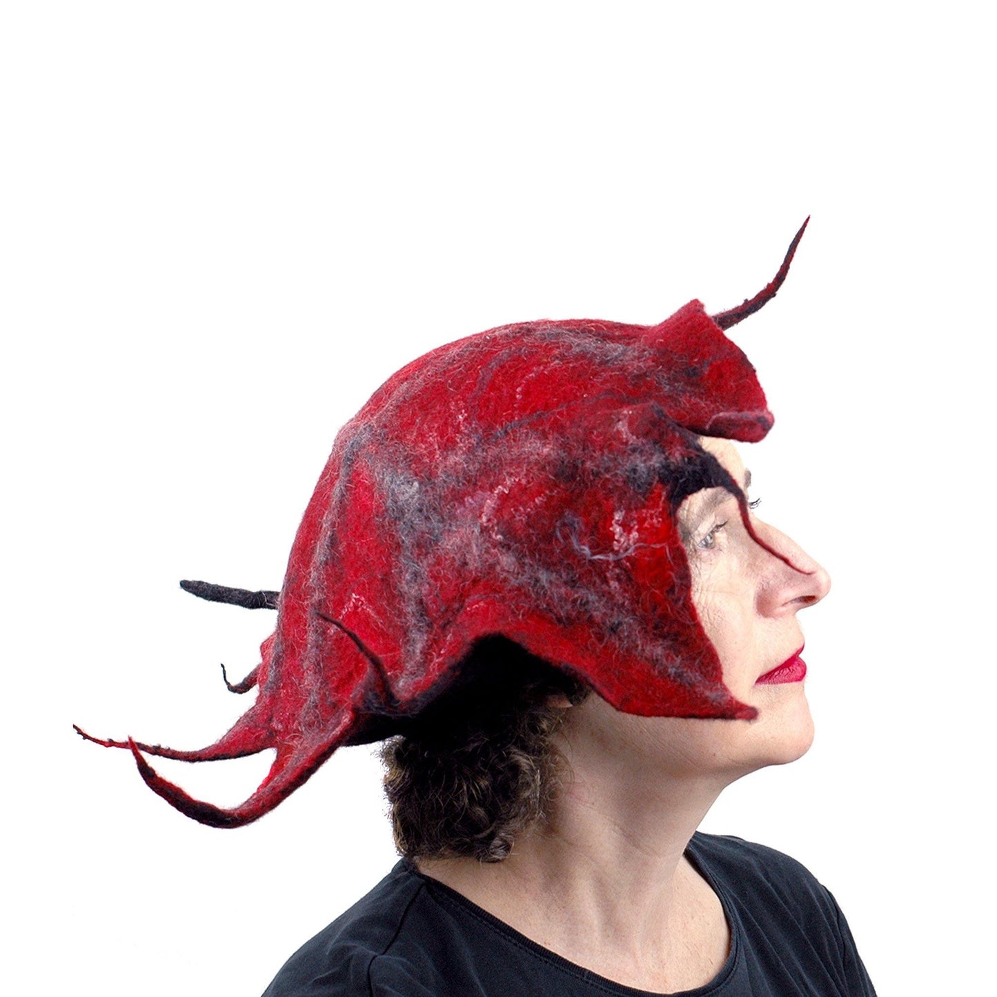 Spiky Red and Black Leaf Hat - side view