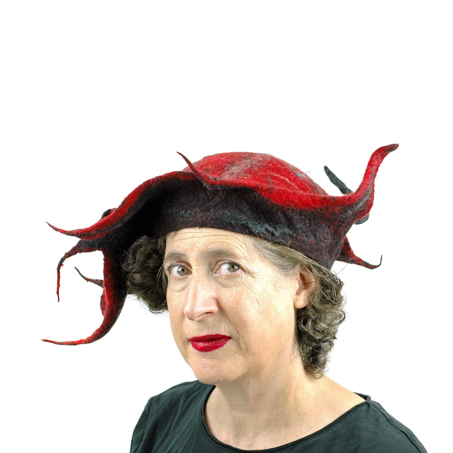 Spiky Red and Black Leaf Hat - three quarters view