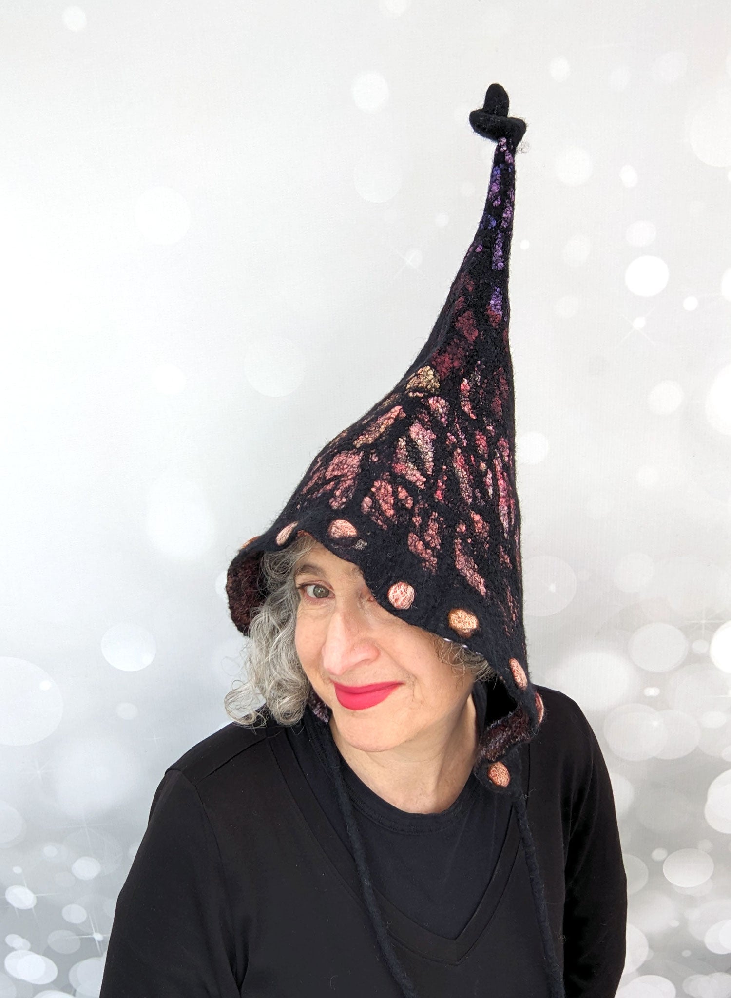 Stained Glass Felted Pixie Hood - threequartersview