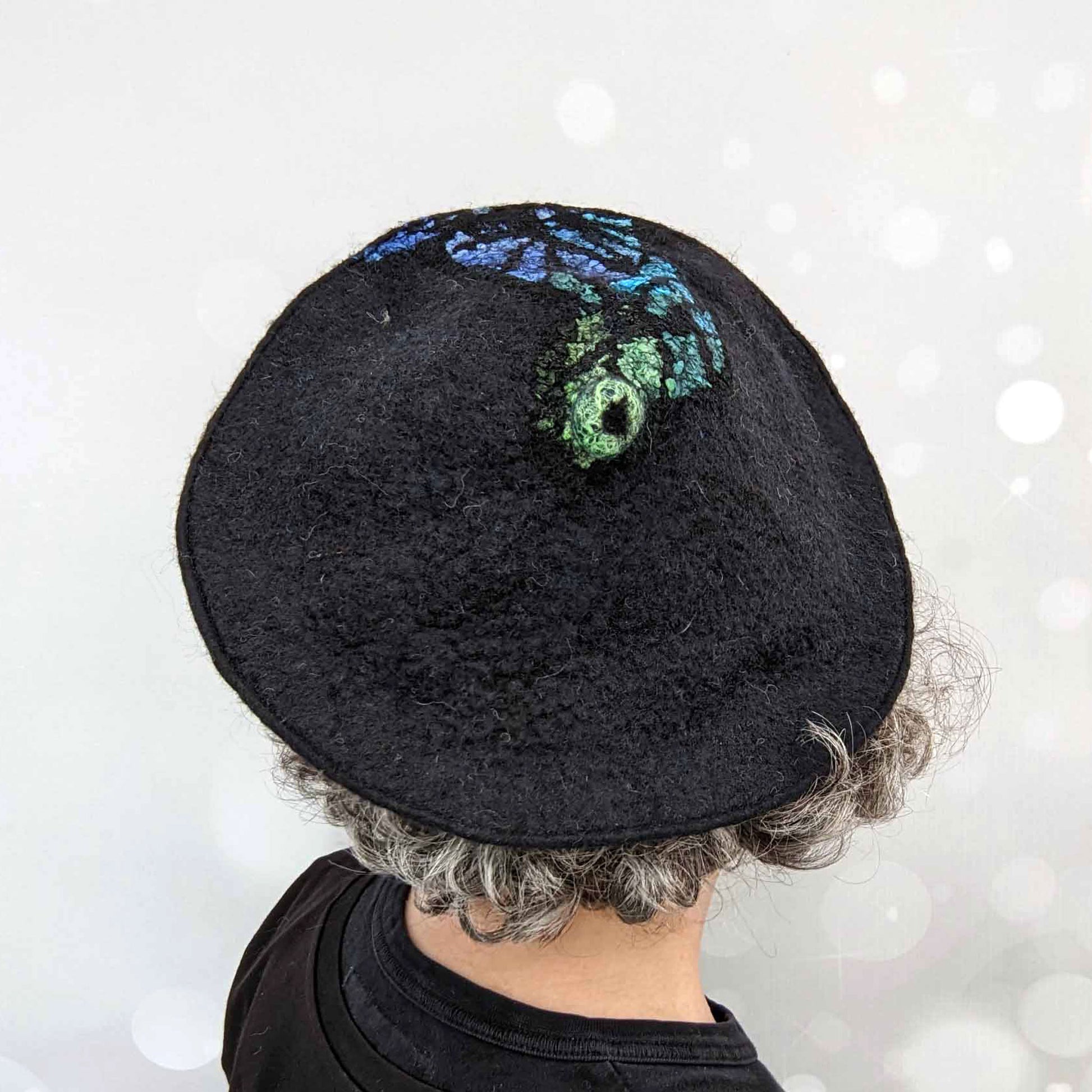 Stained Glass Inspired Felted Black Beret with Cool Colored Swirl - backview