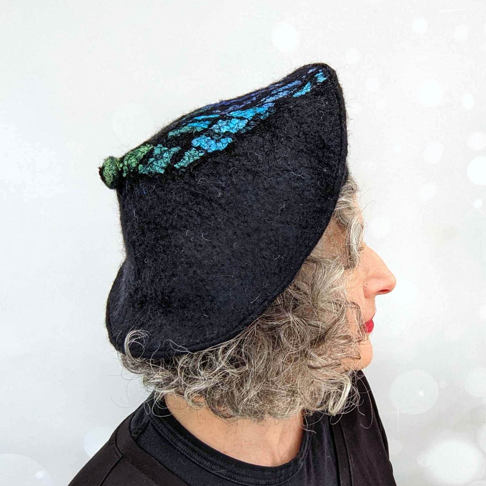 Stained Glass Inspired Felted Black Beret with Cool Colored Swirl - sideview