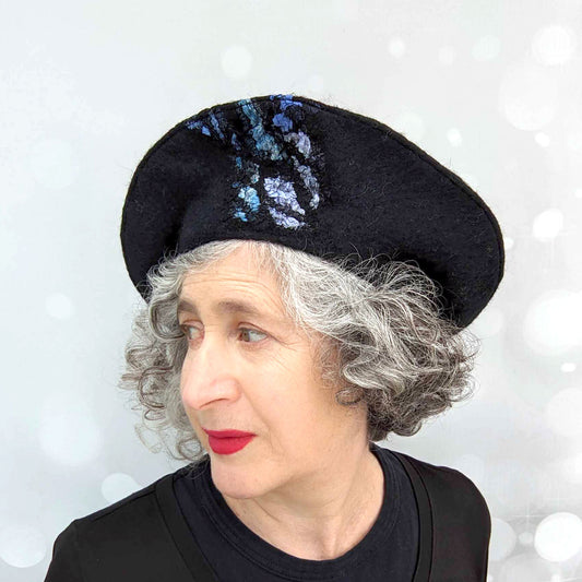 Stained Glass Inspired Felted Black Beret with Cool Colored Swirl - threequartersview