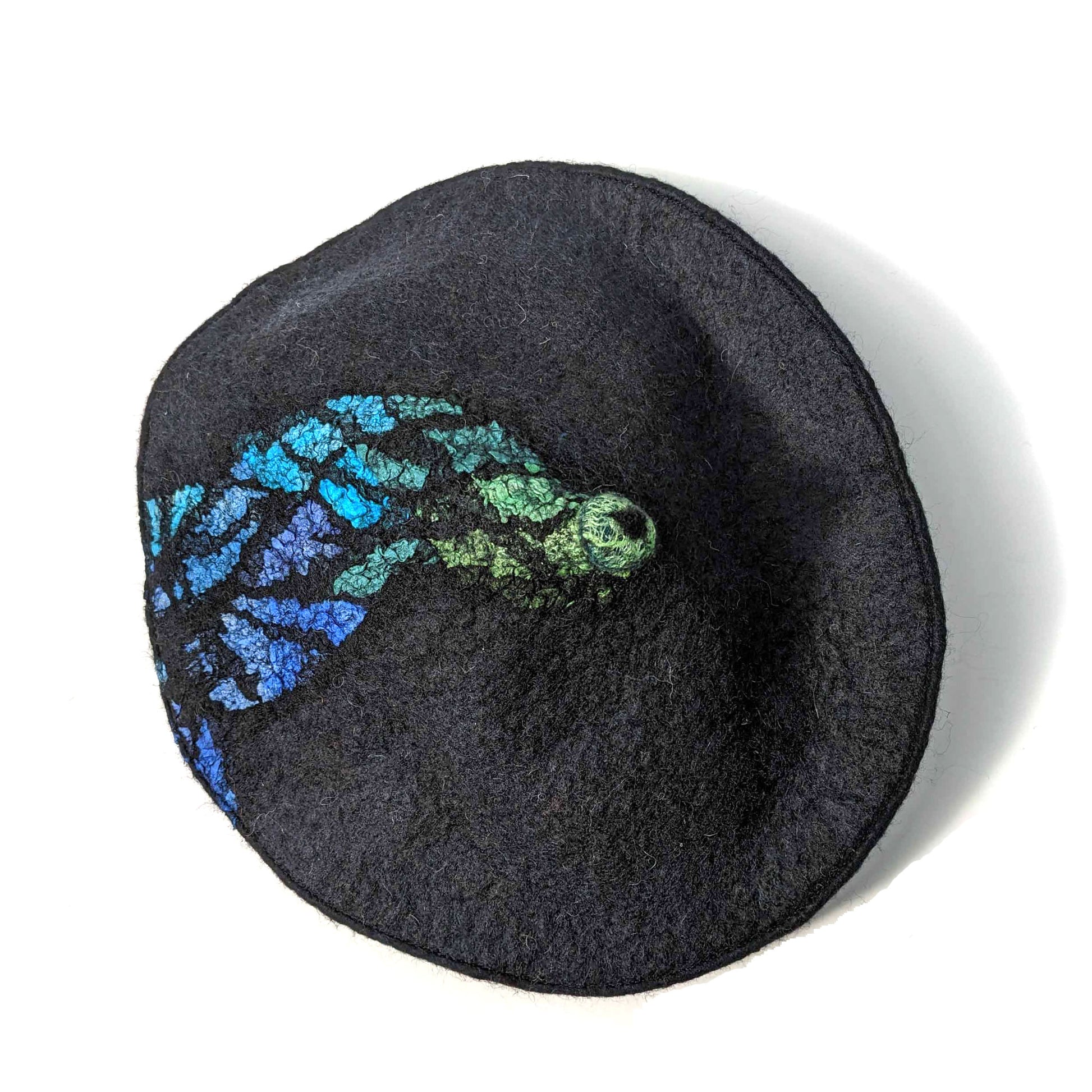Stained Glass Inspired Felted Black Beret with Cool Colored Swirl - topview