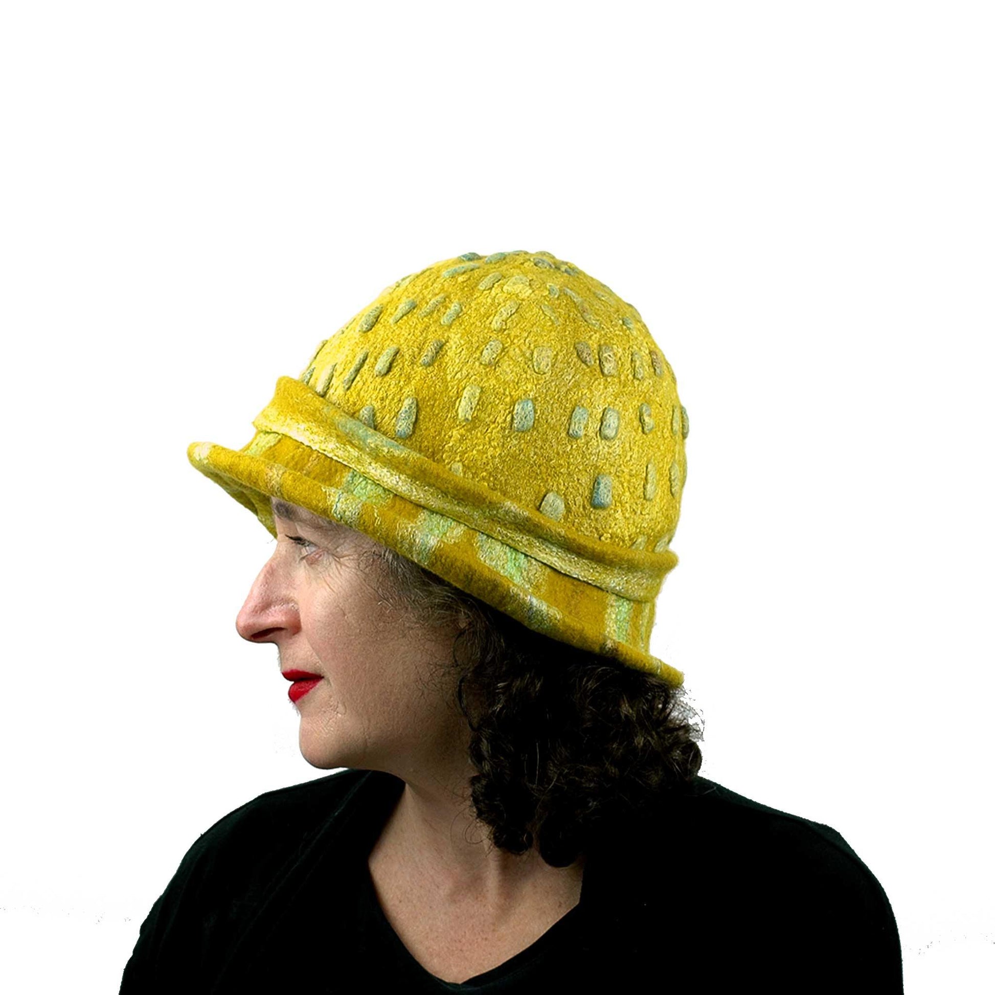 Sunflower Cloche in Mustard Yellow Felted Wool - side view