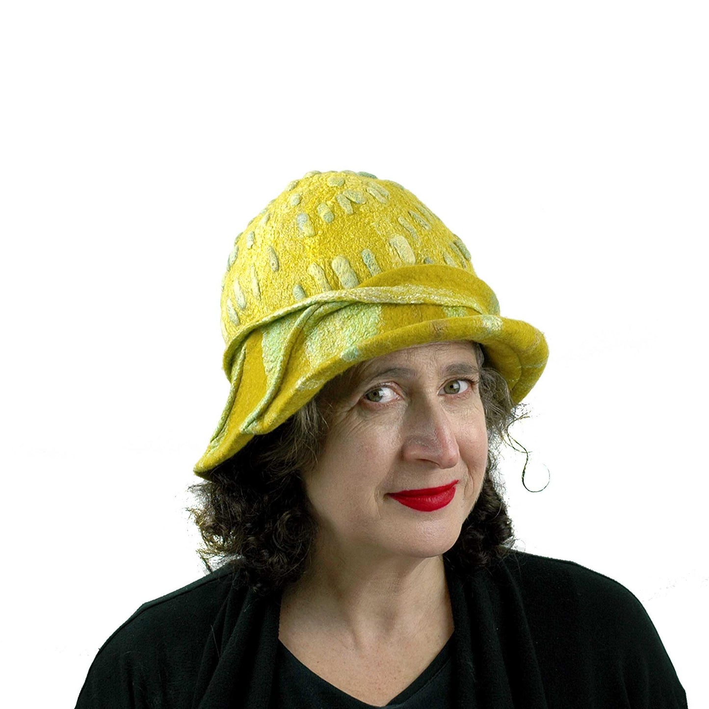 Sunflower Cloche in Mustard Yellow Felted Wool - threequarters view