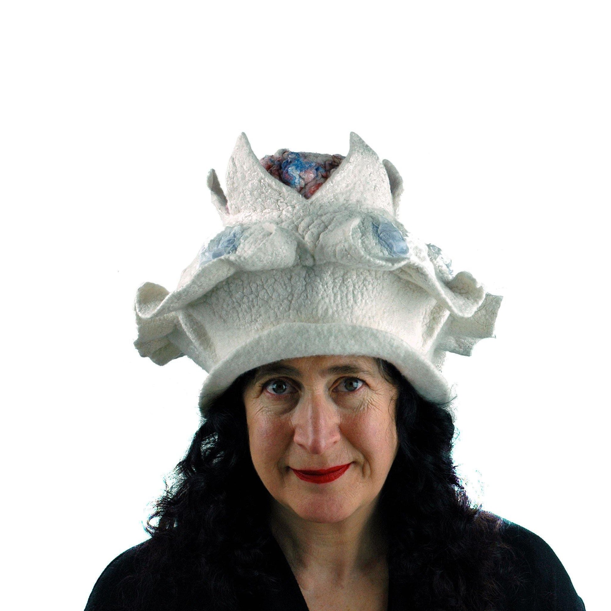 Surreal Brain Hat in White, Red and Blue - front view