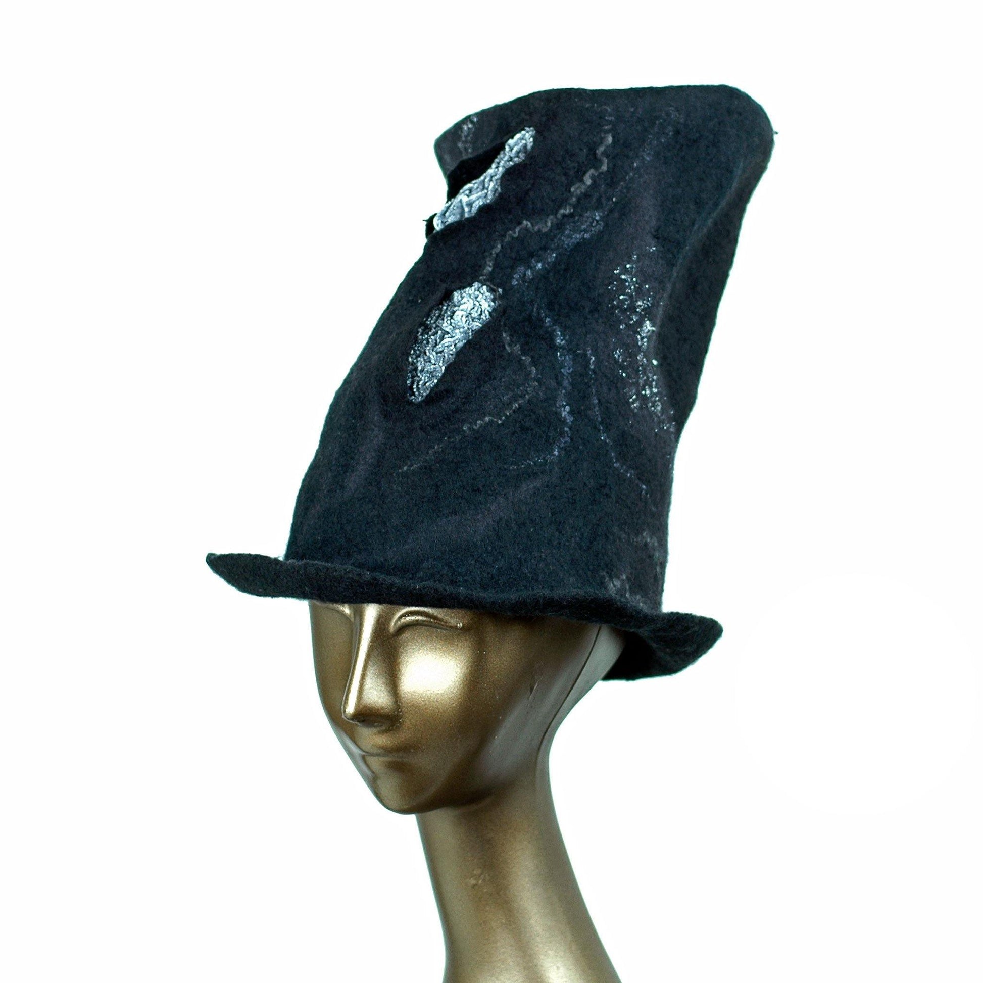 Tall Black Felted Top Hat with Velvet Decorations - three quarters view