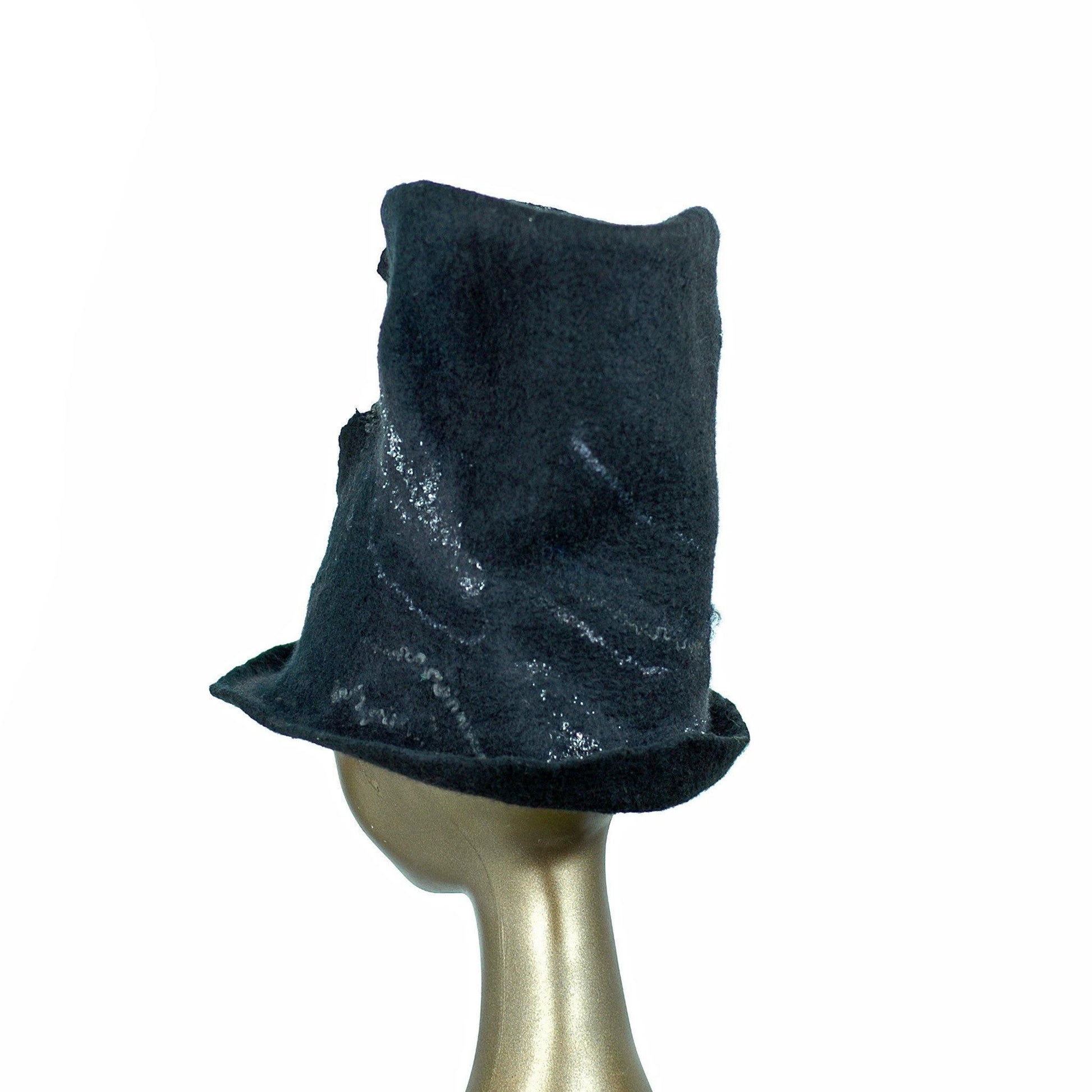 Tall Black Felted Top Hat with Velvet Decorations - back view