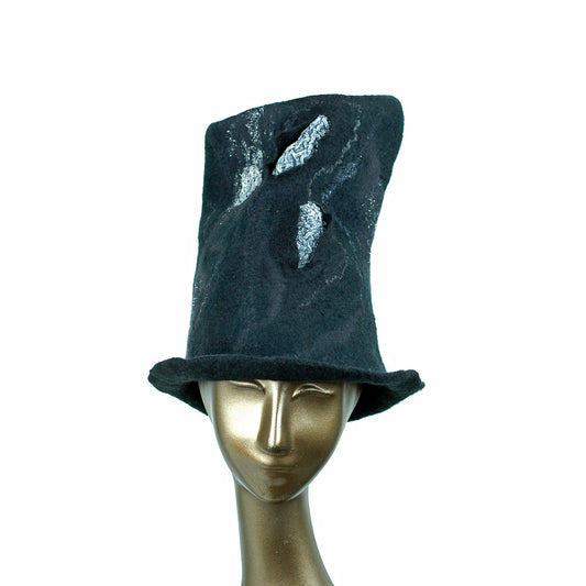 Tall Black Felted Top Hat with Velvet Decorations - front view