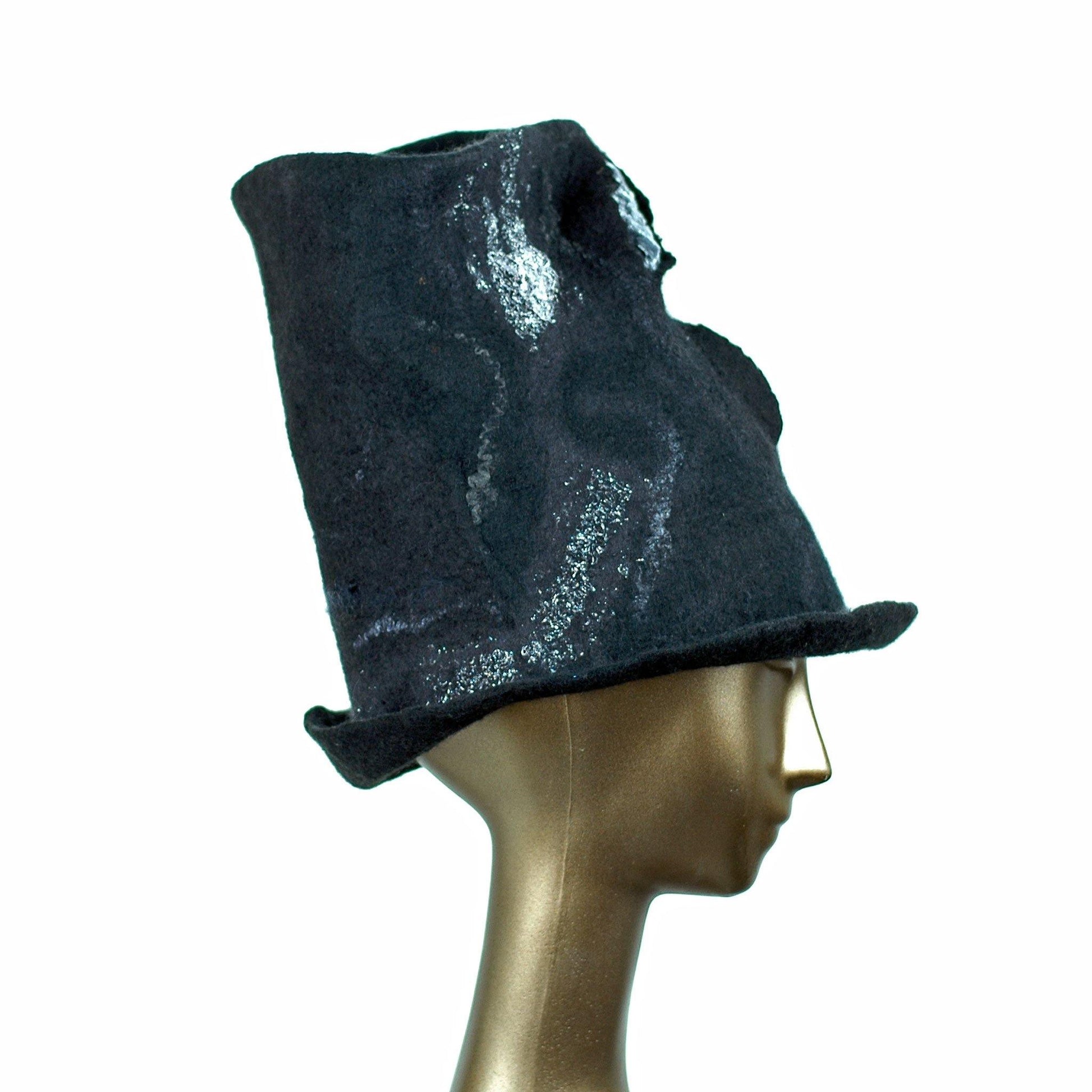 Tall Black Felted Top Hat with Velvet Decorations - side view