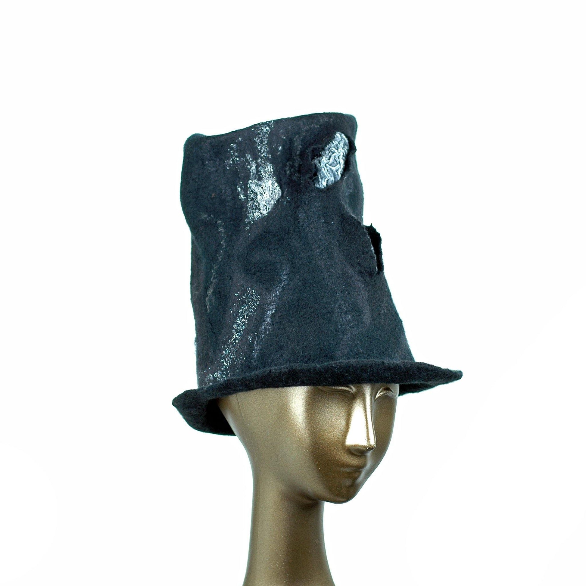 Tall Black Felted Top Hat with Velvet Decorations - three quarters view