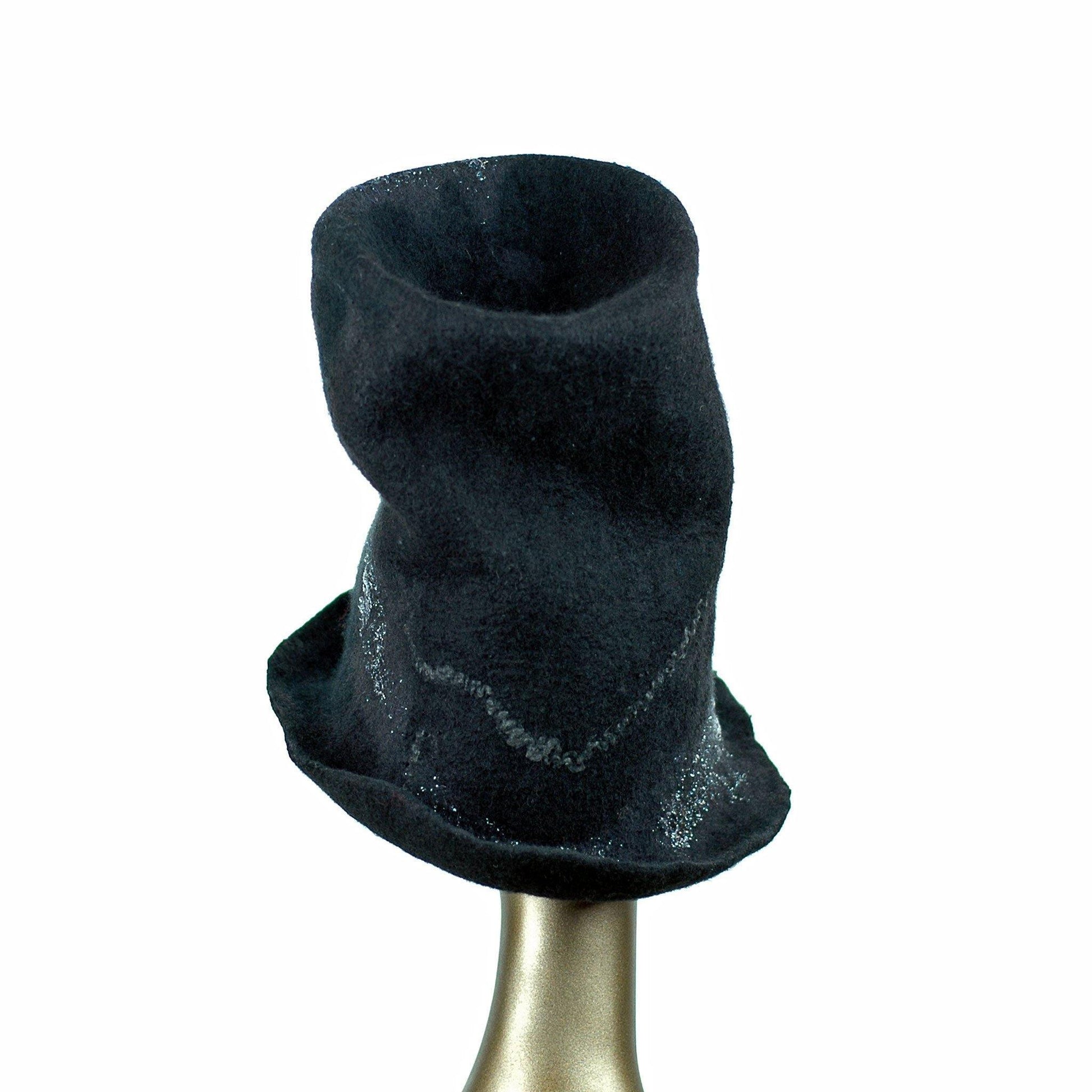 Tall Black Top Hat with Silver Nunofelted Lace - back view