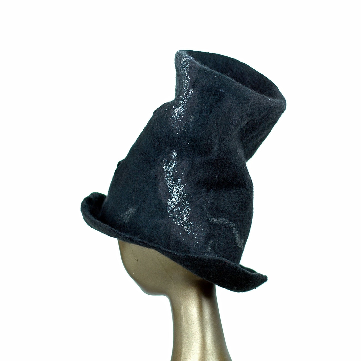 Tall Black Top Hat with Silver Nunofelted Lace - back view