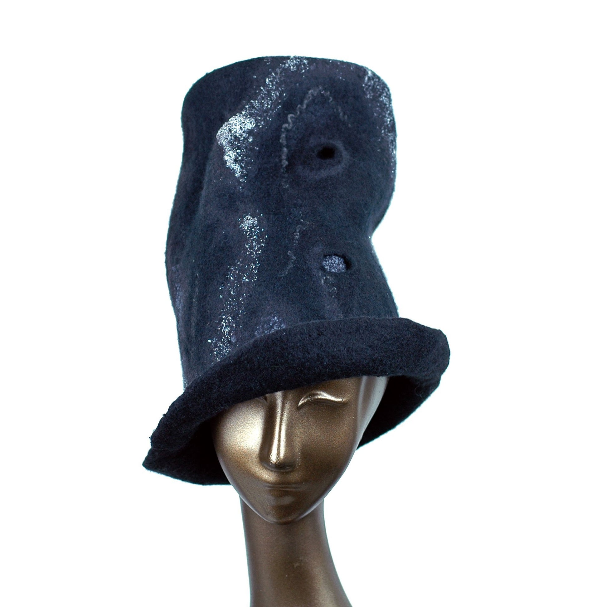 Tall Black Top Hat with Silver Nunofelted Lace - front view
