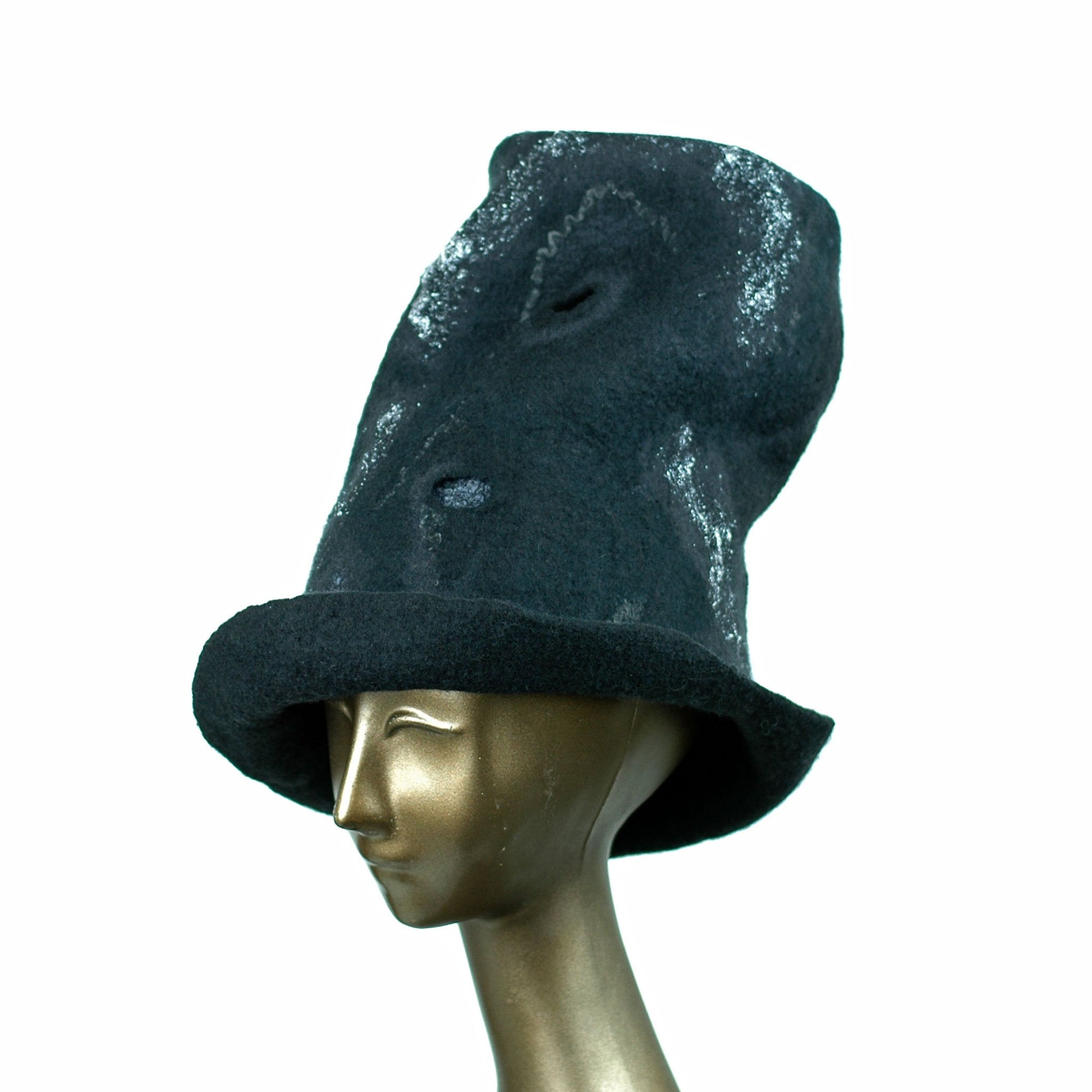 Tall Black Top Hat with Silver Nunofelted Lace - side view