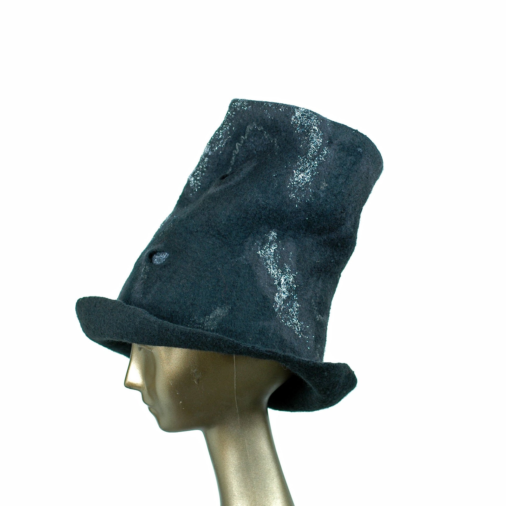 Tall Black Top Hat with Silver Nunofelted Lace - side view