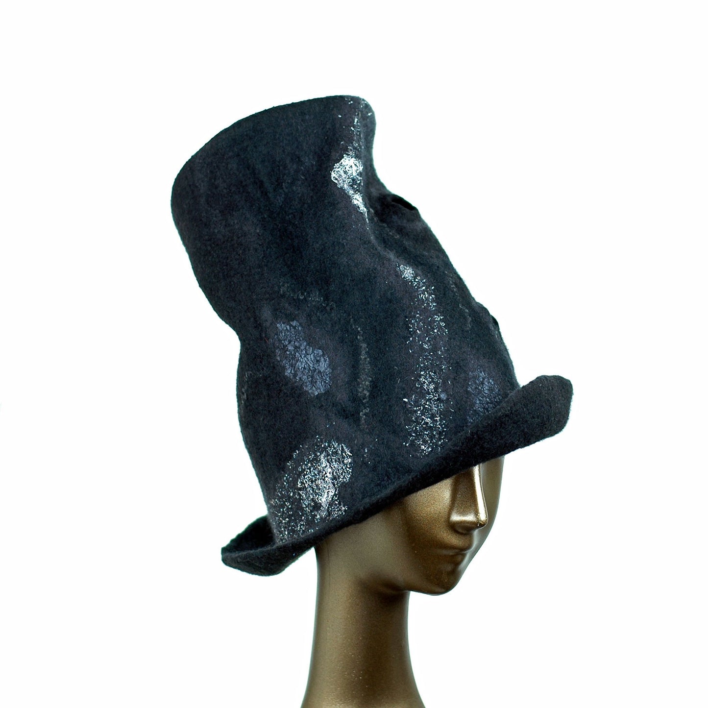 Tall Black Top Hat with Silver Nunofelted Lace - three quarters view