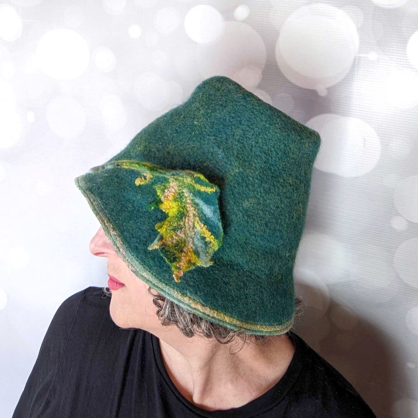 Tall Bucket Hat with Felted Leaf - sideview
