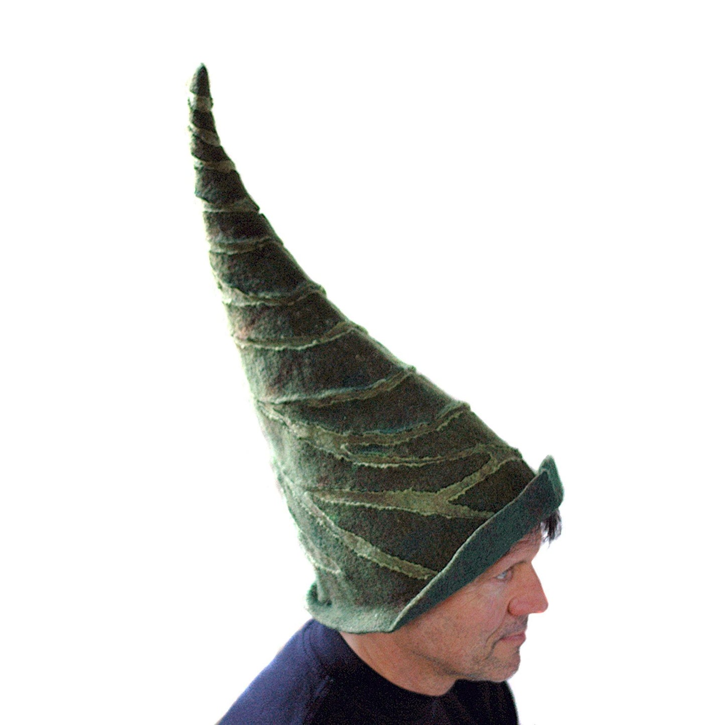 Tall Green Felted Gnome Hat - side view