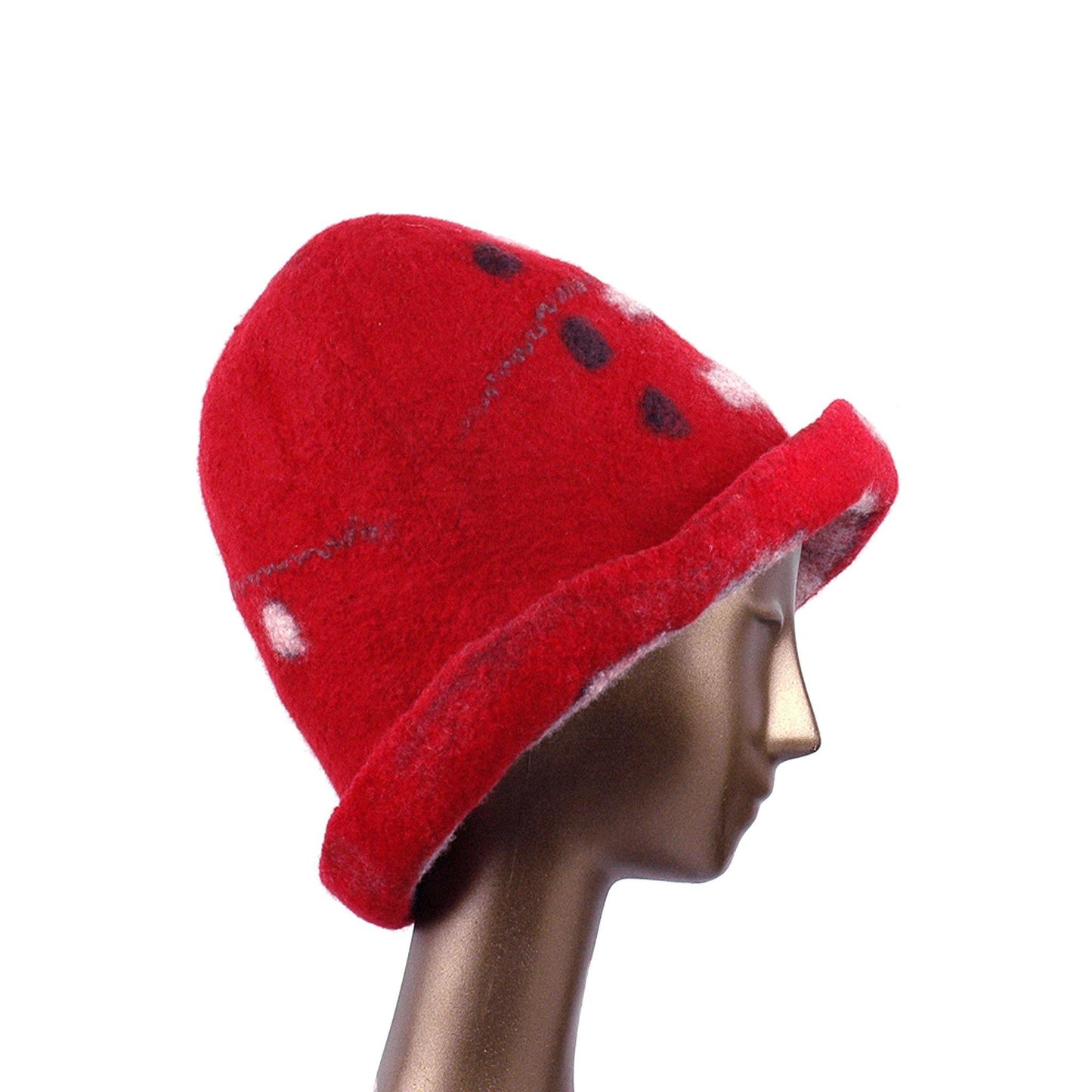 Tall Red and Black Brimmed Hat with Geometric Shapes - side view