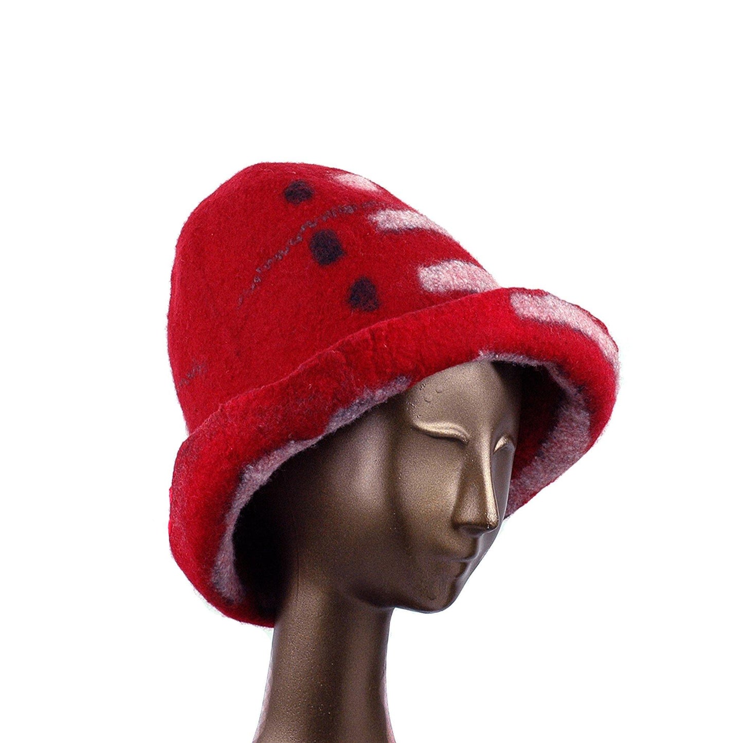 Tall Red and Black Brimmed Hat with Geometric Shapes - three quarters view