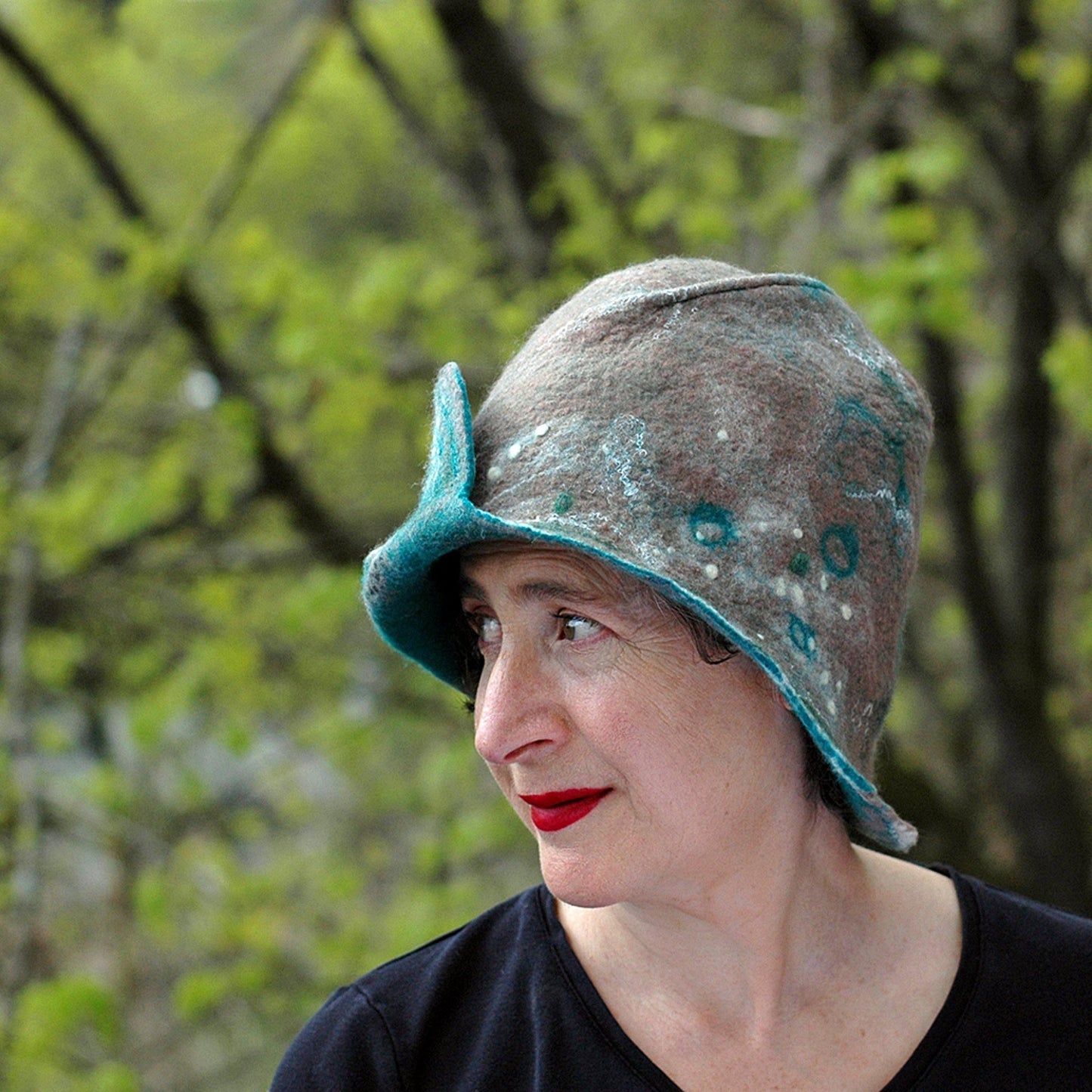 Felted Light Brown Highland Style Cloche - photographed in front of trees