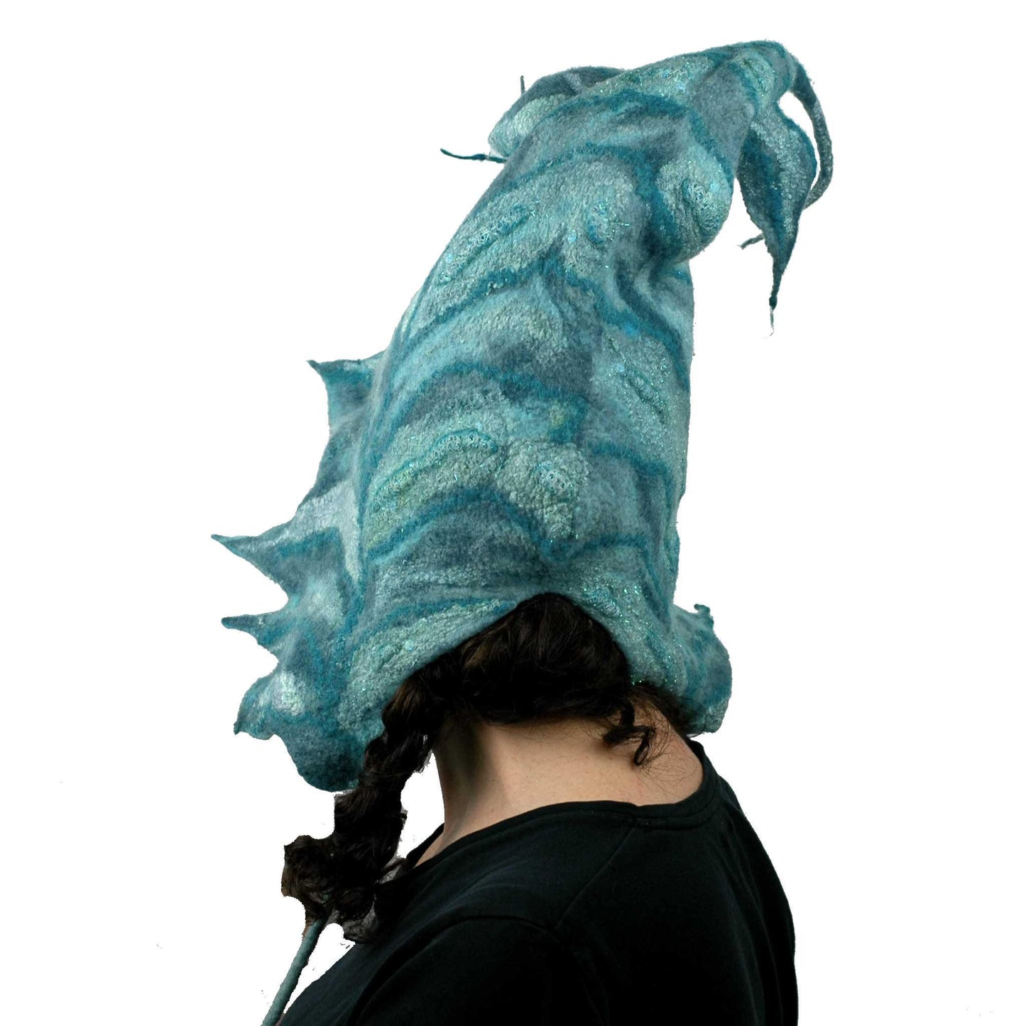 Teal Green Felted Leaf Hood with Ties - back view