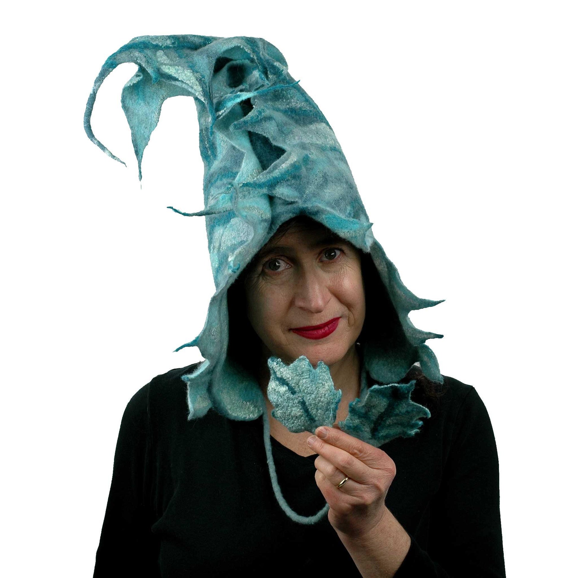 Teal Green Felted Leaf Hood with Ties - front view